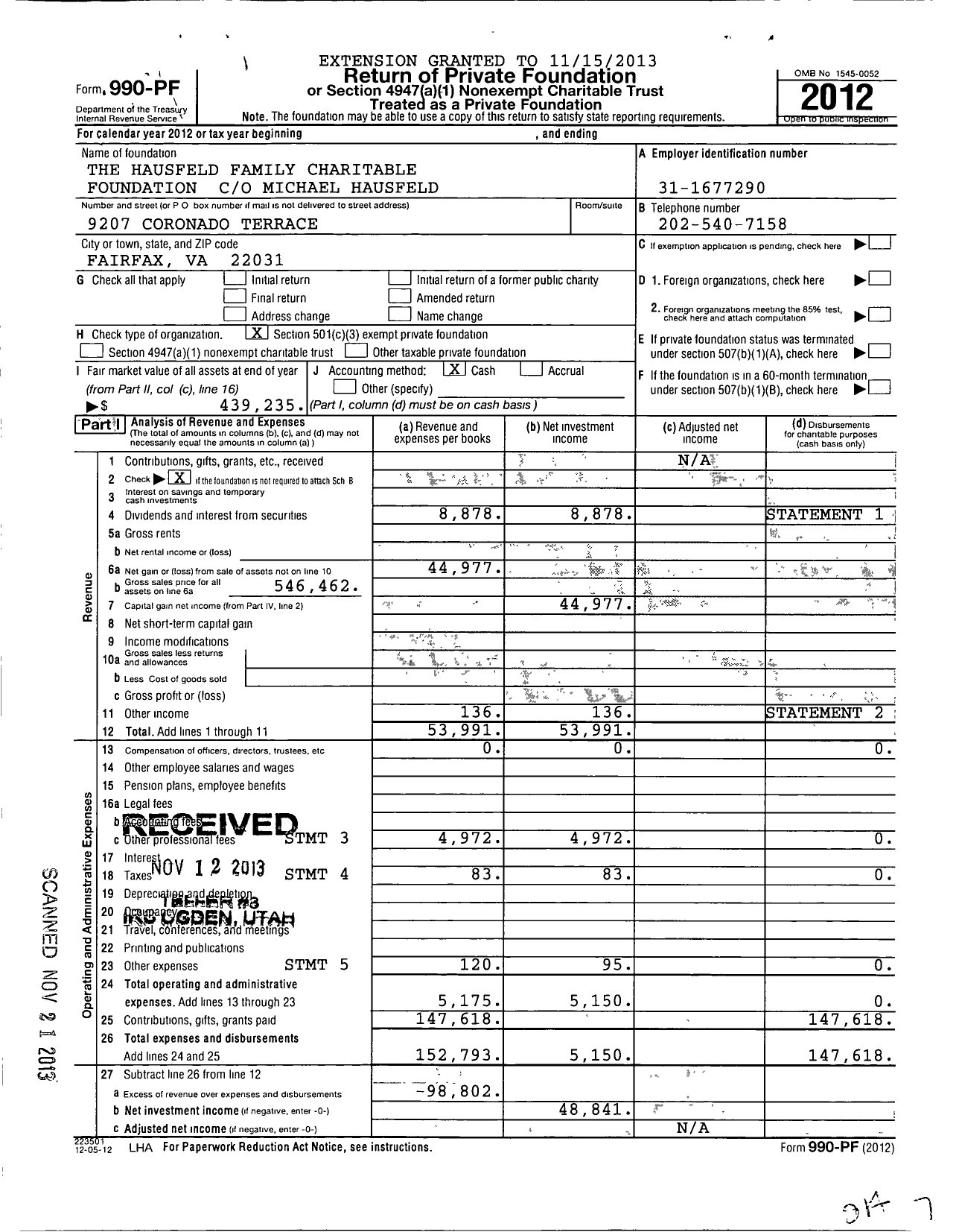 Image of first page of 2012 Form 990PF for The Hausfeld Family Charitable Foundation