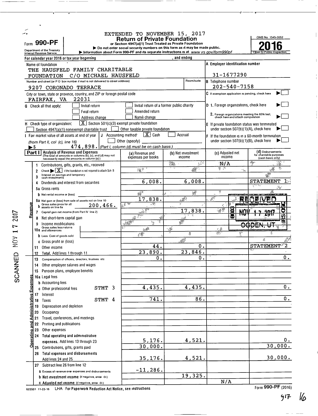 Image of first page of 2016 Form 990PF for The Hausfeld Family Charitable Foundation