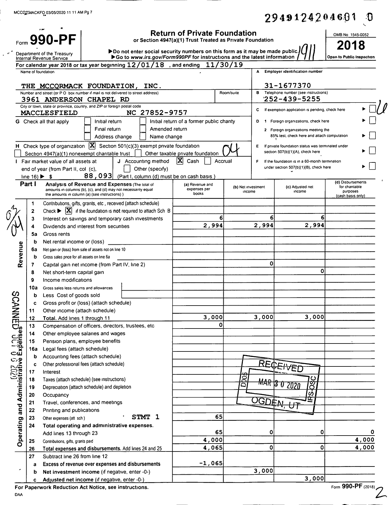 Image of first page of 2018 Form 990PR for The Mccormack Foundation