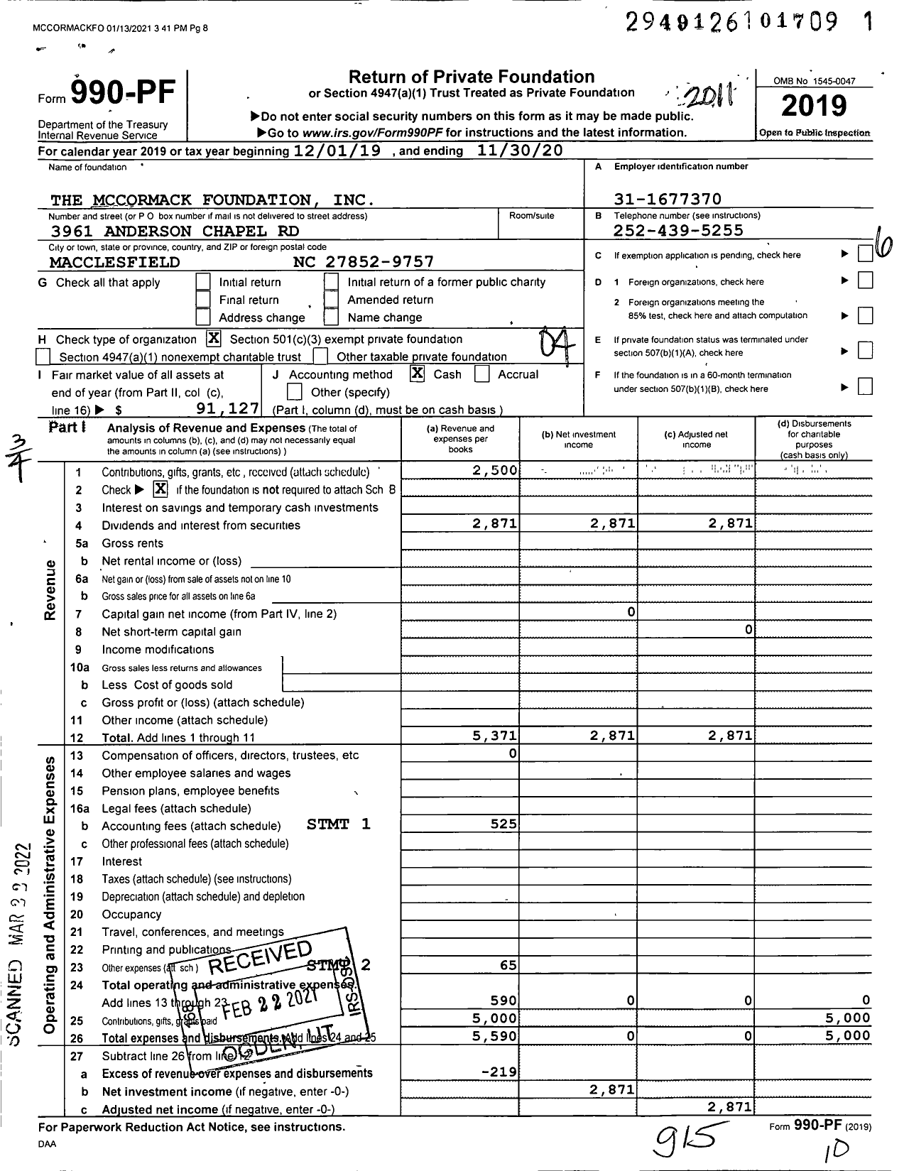 Image of first page of 2019 Form 990PF for The Mccormack Foundation