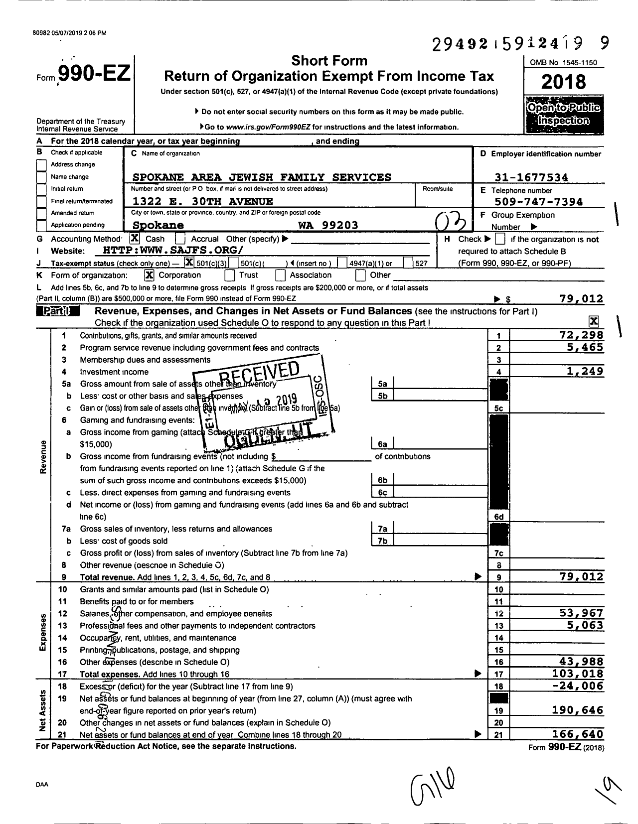 Image of first page of 2018 Form 990EZ for Spokane Area Jewish Family Services