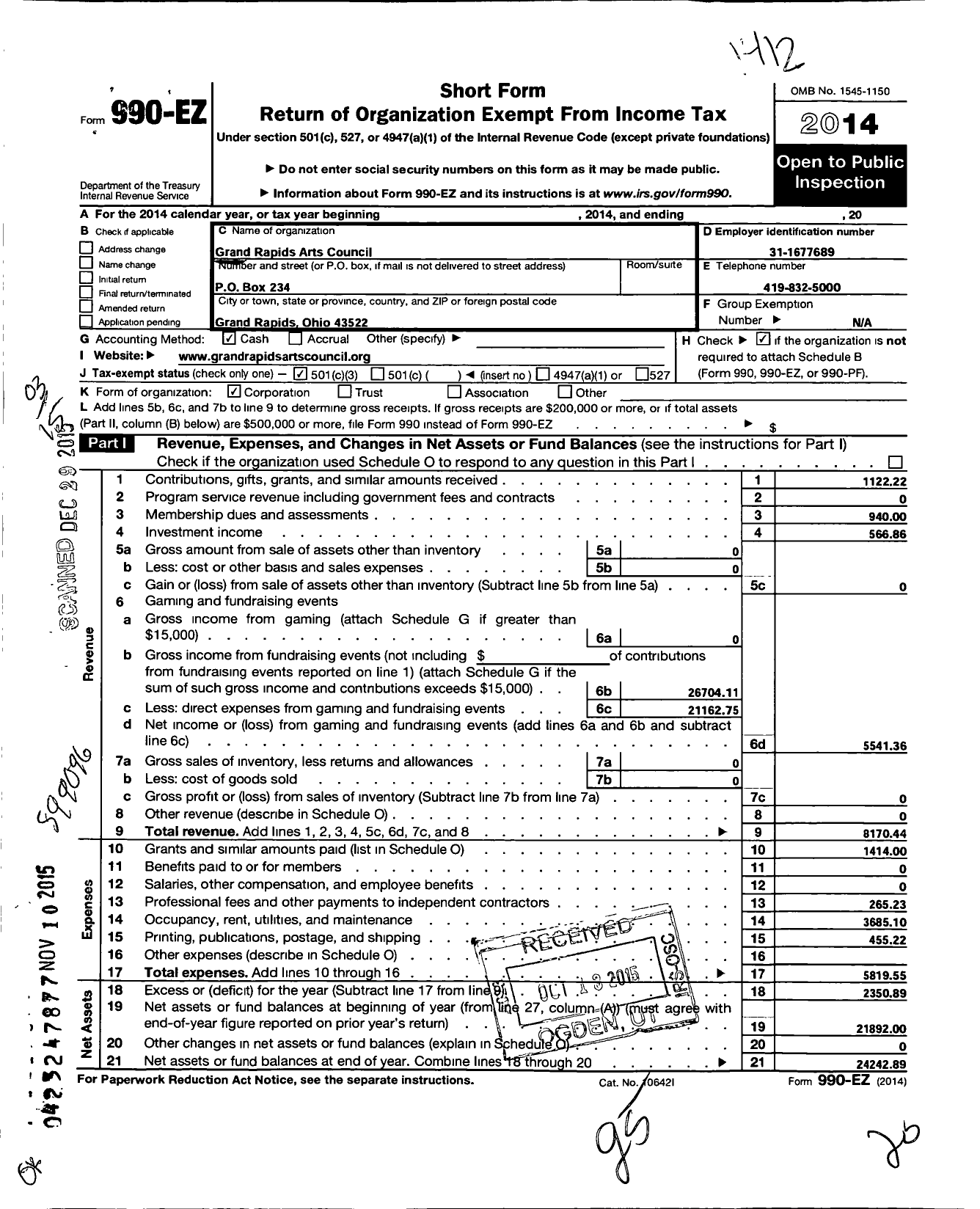 Image of first page of 2014 Form 990EZ for Grand Rapids Arts Council