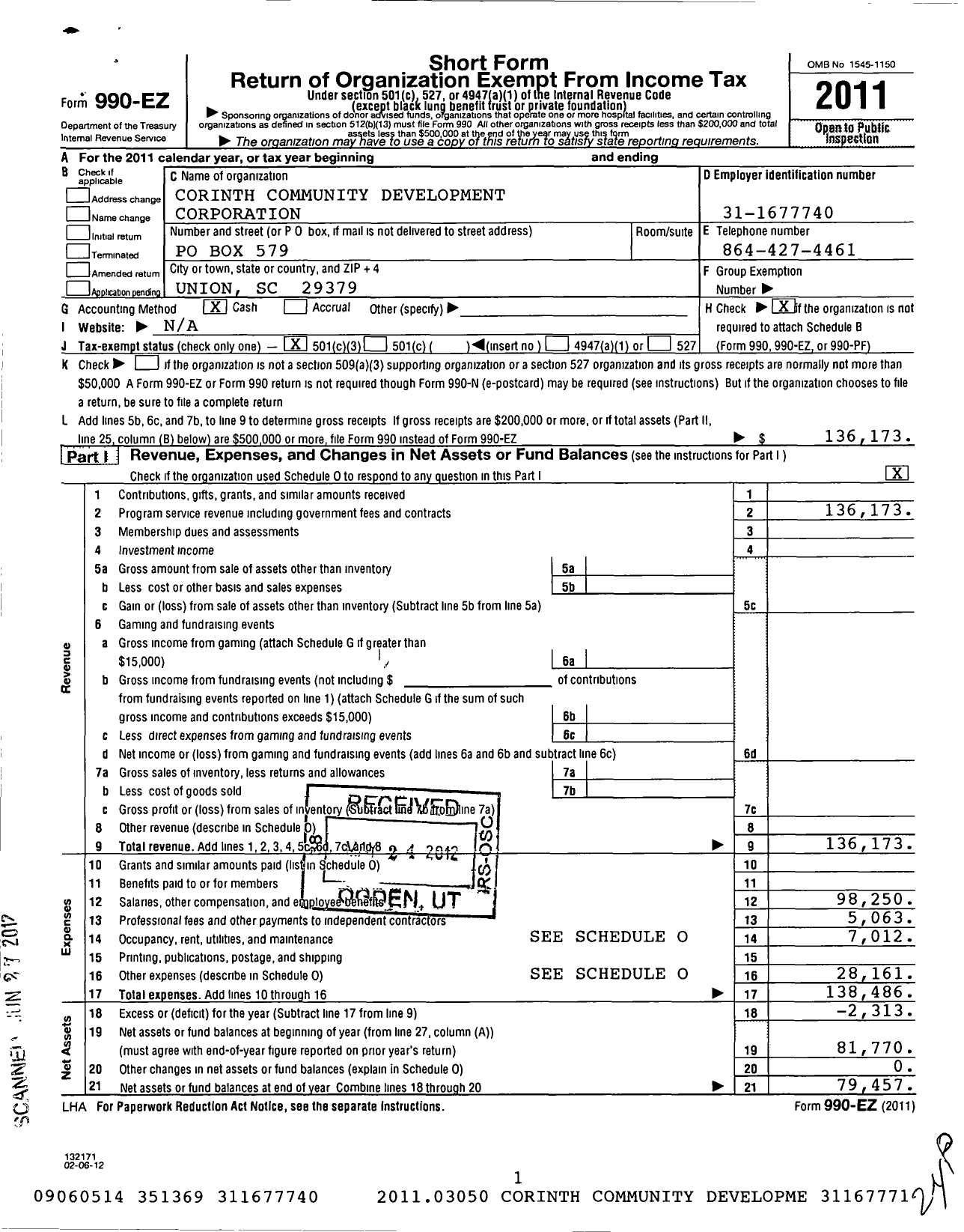 Image of first page of 2011 Form 990EZ for Corinth Community Development Corporation