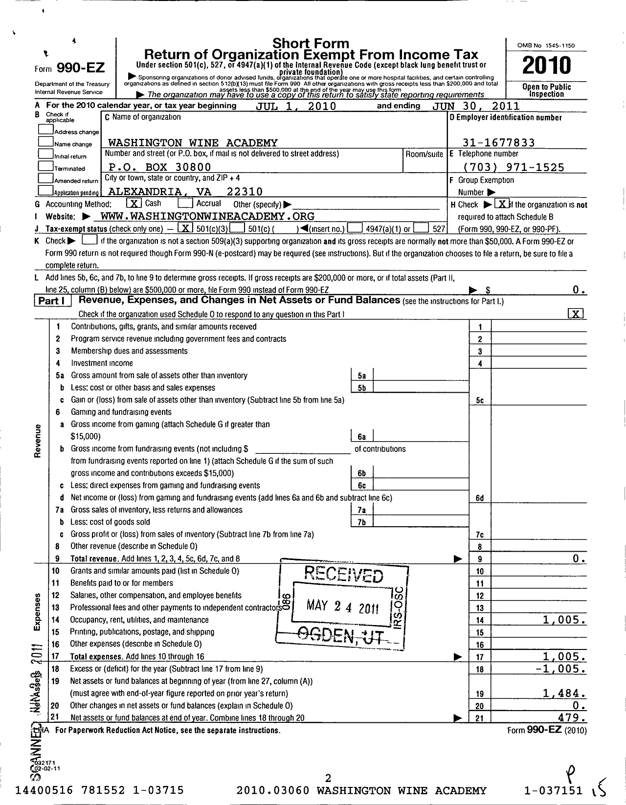 Image of first page of 2010 Form 990EZ for Washington Wine Academy