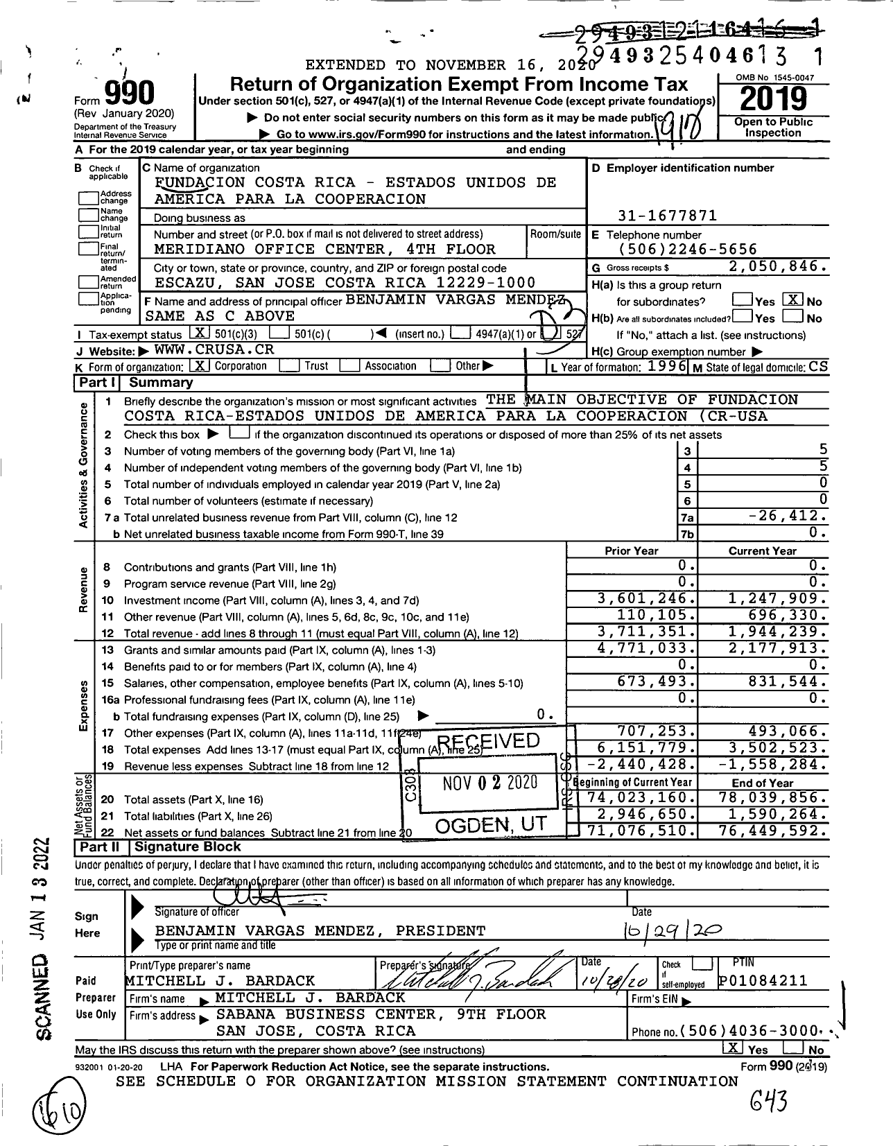 Image of first page of 2019 Form 990 for Fundacion Costa Rica - Estados Unidos de America Para La Cooperacion