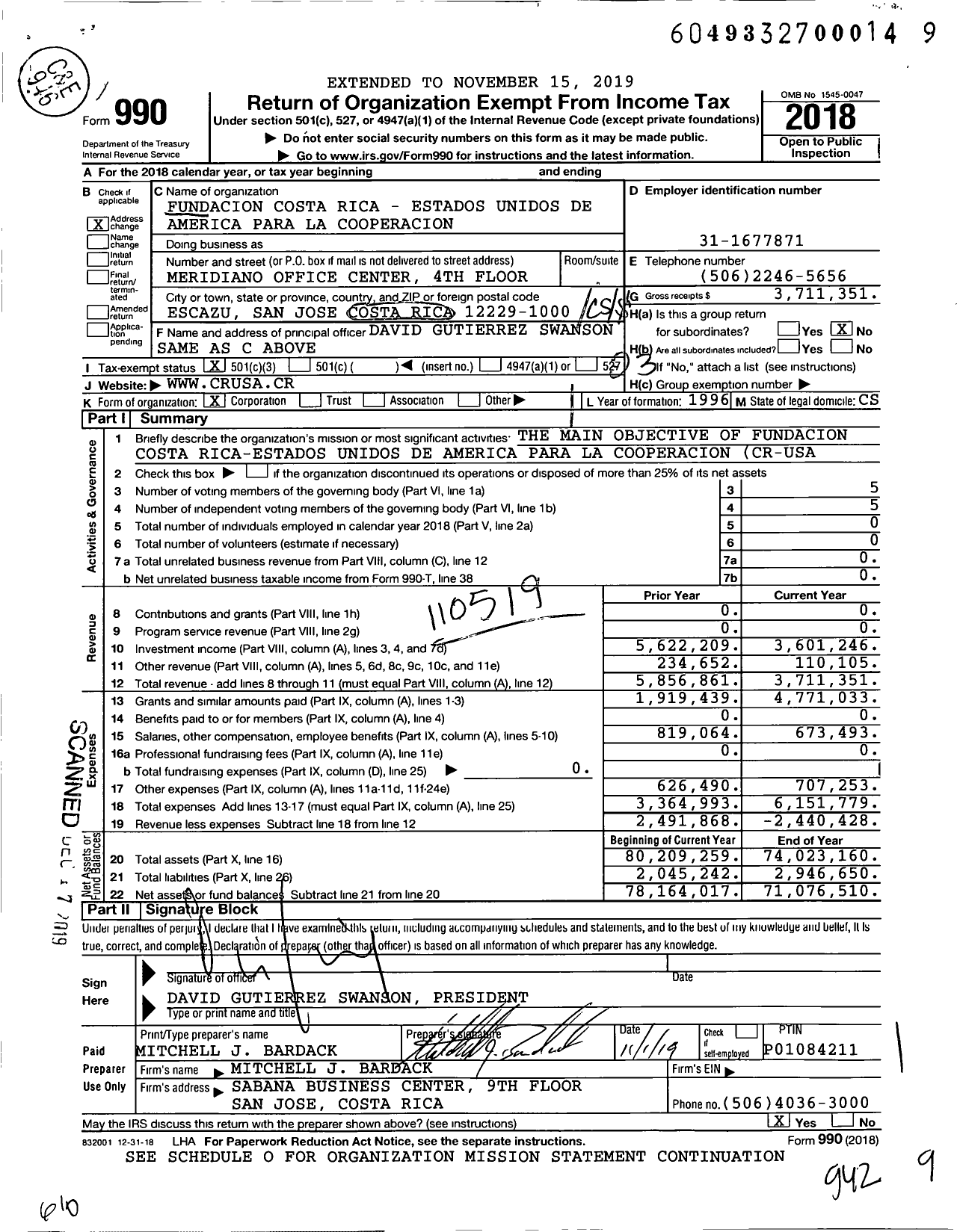 Image of first page of 2018 Form 990 for Fundacion Costa Rica - Estados Unidos de America Para La Cooperacion