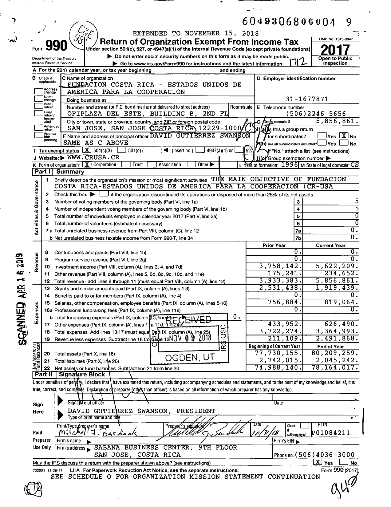 Image of first page of 2017 Form 990 for Fundacion Costa Rica - Estados Unidos de America Para La Cooperacion