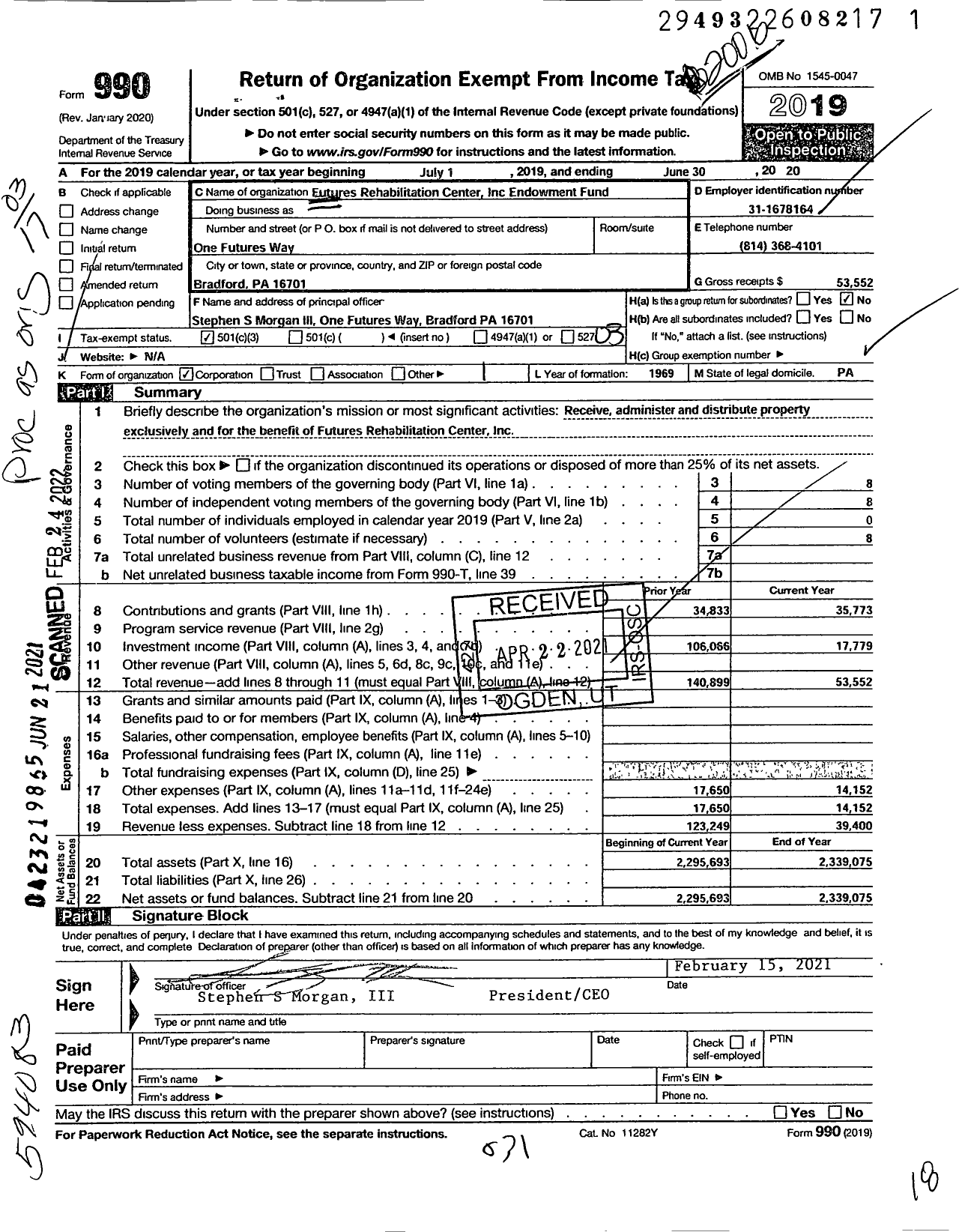 Image of first page of 2019 Form 990 for Futures Rehabilitation Center Endowment Fund