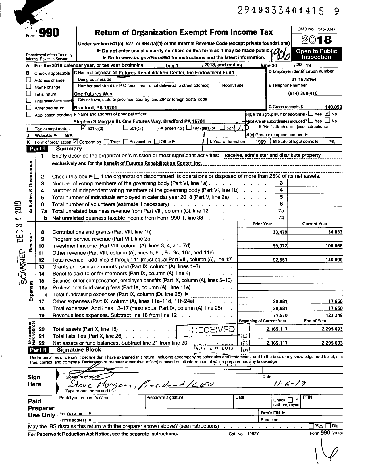 Image of first page of 2018 Form 990 for Futures Rehabilitation Center Endowment Fund