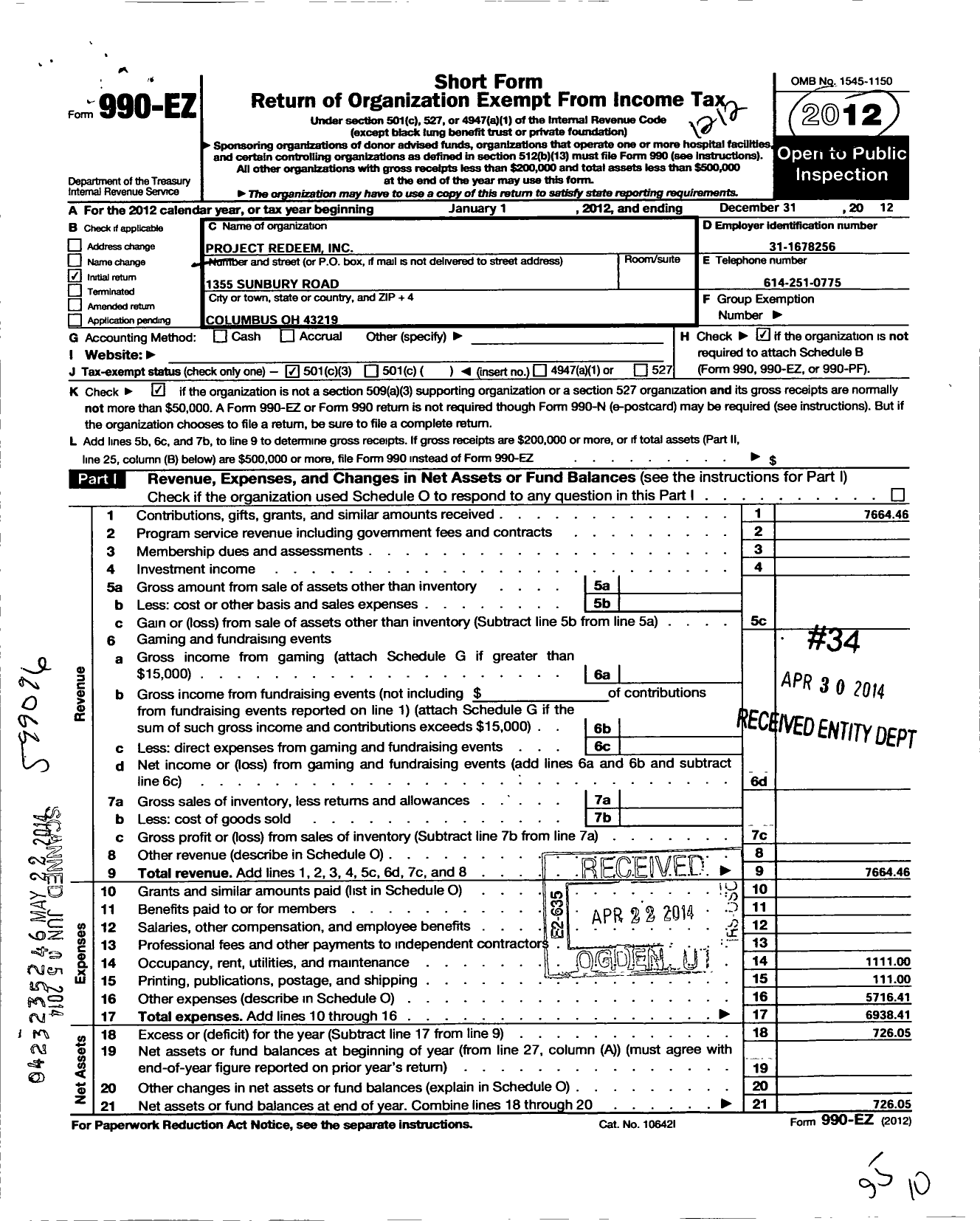 Image of first page of 2012 Form 990EZ for Project Redeem