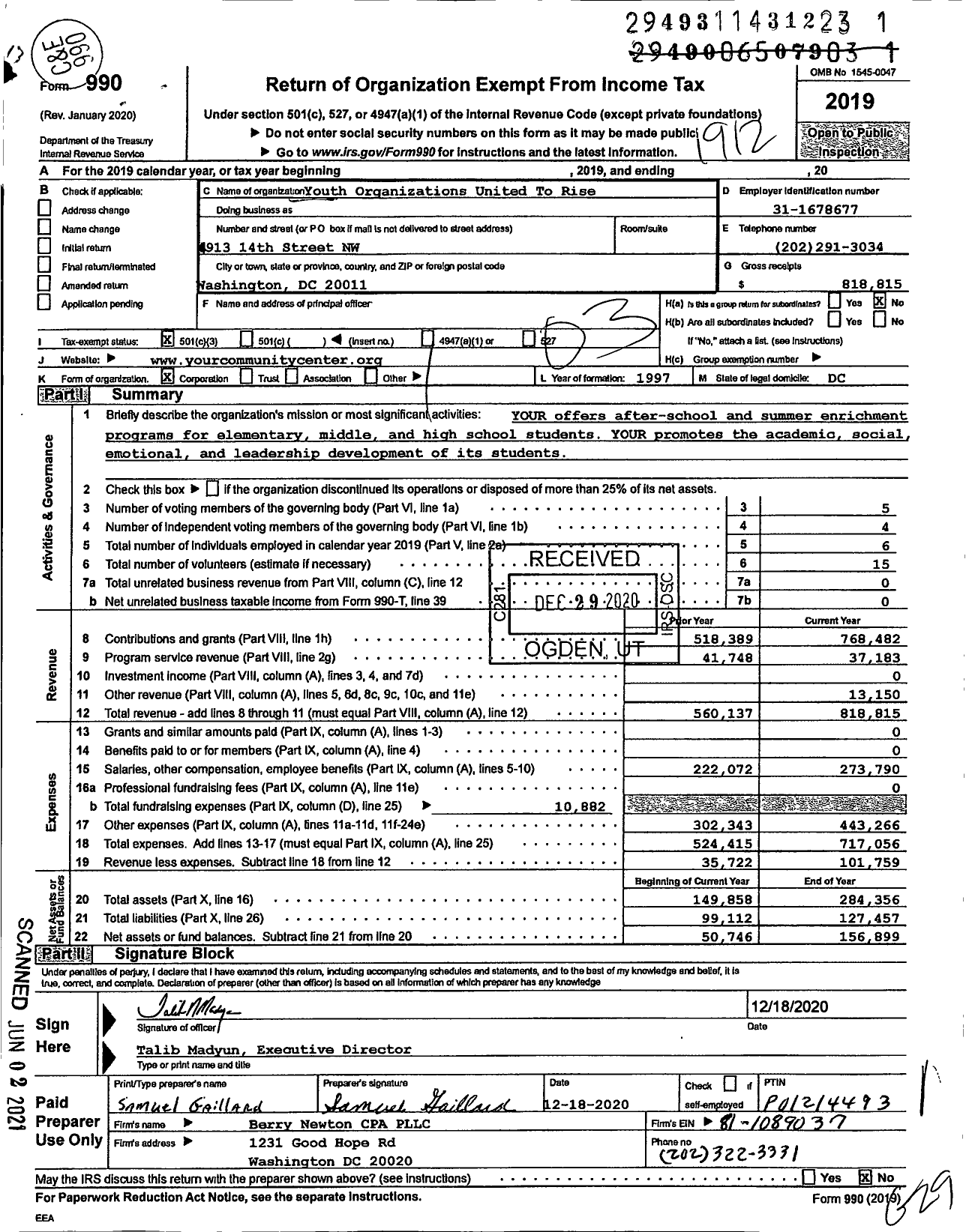 Image of first page of 2019 Form 990 for Youth Organizations United to Rise