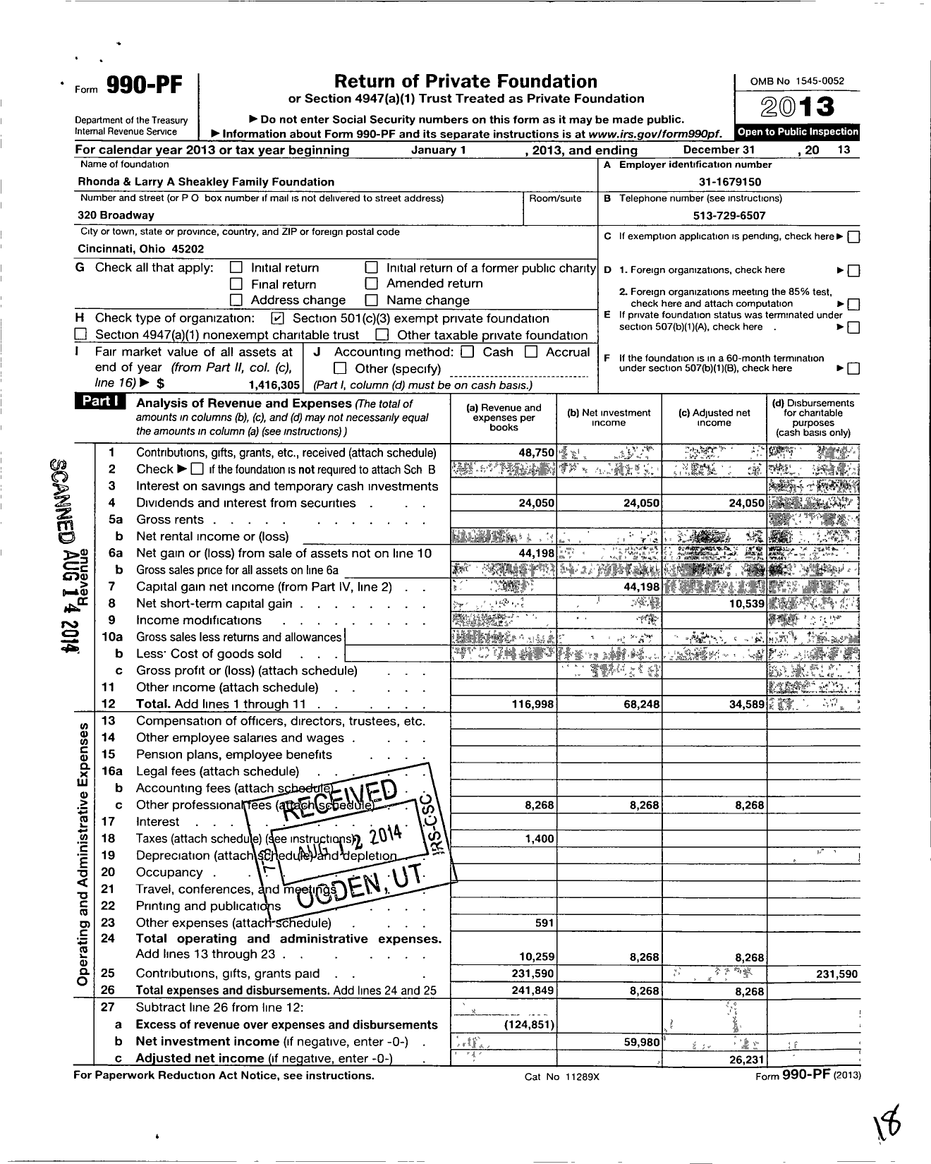 Image of first page of 2013 Form 990PF for Rhonda and Larry A Sheakley Family Foundation