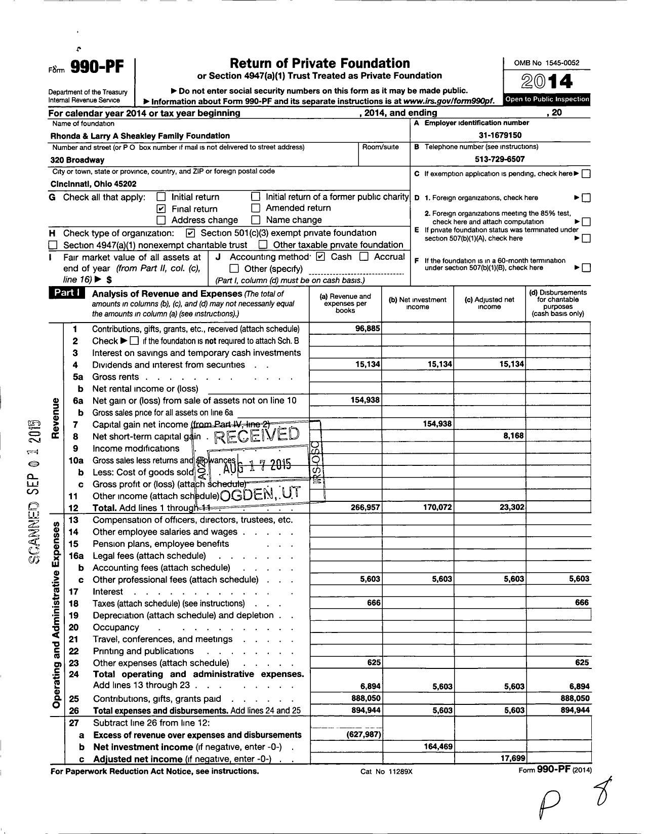 Image of first page of 2014 Form 990PF for Rhonda and Larry A Sheakley Family Foundation