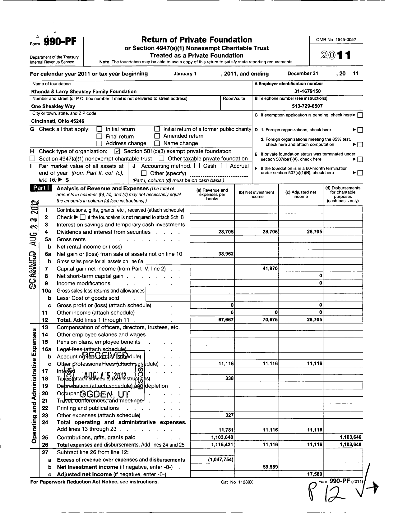 Image of first page of 2011 Form 990PF for Rhonda and Larry A Sheakley Family Foundation