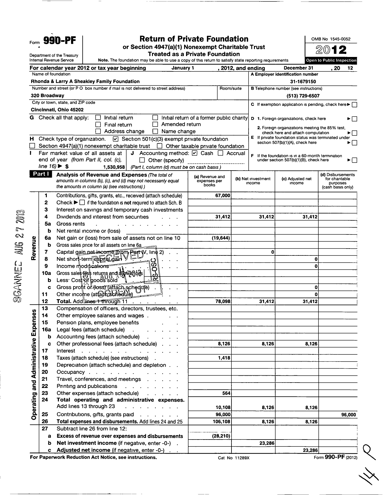 Image of first page of 2012 Form 990PF for Rhonda and Larry A Sheakley Family Foundation