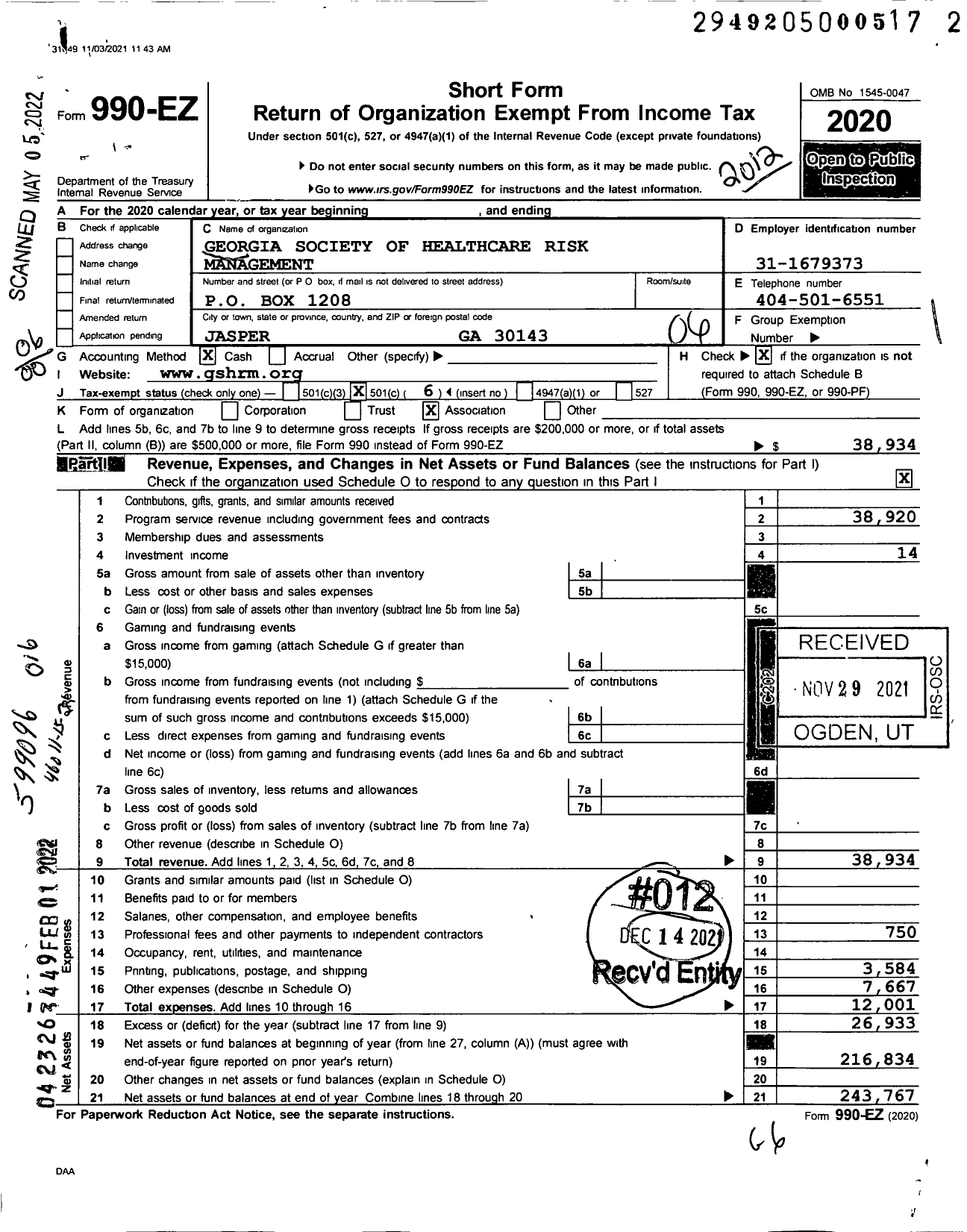 Image of first page of 2020 Form 990EO for Georgia Society of Healthcare Risk Management