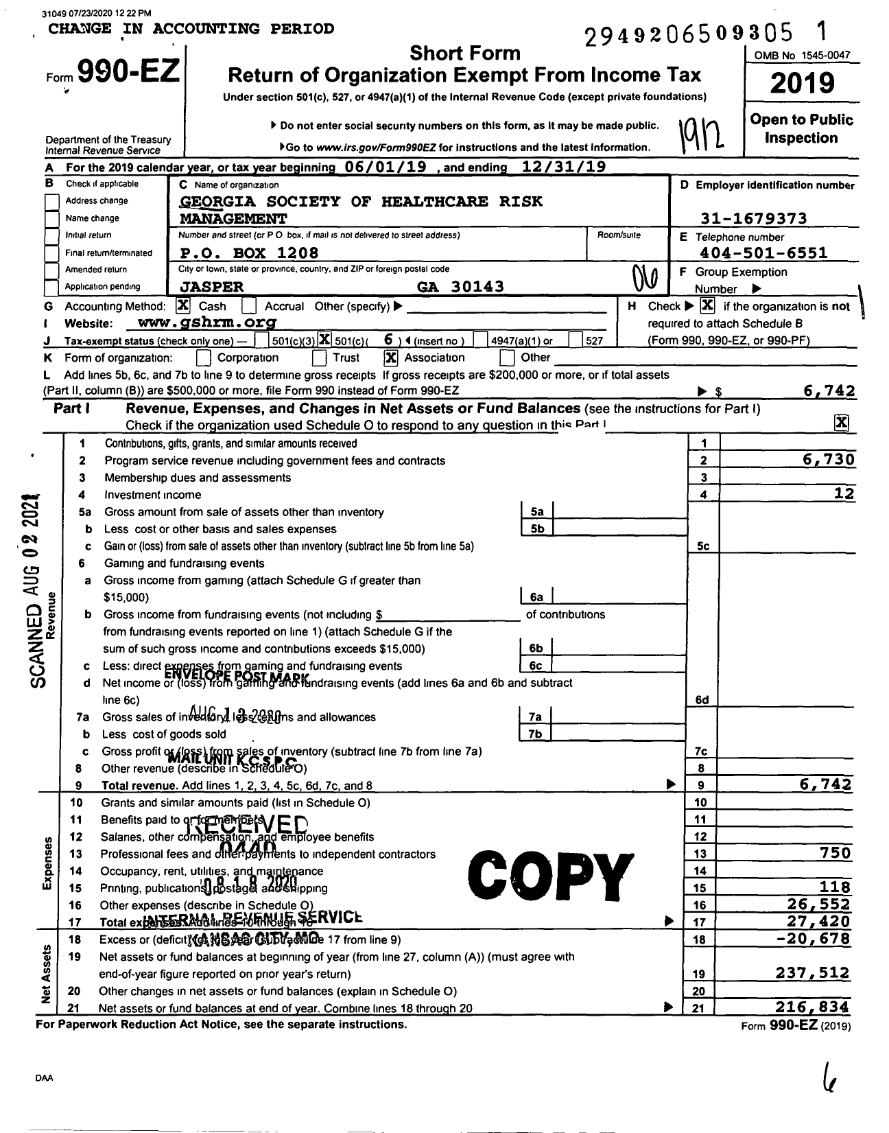 Image of first page of 2019 Form 990EO for Georgia Society of Healthcare Risk Management