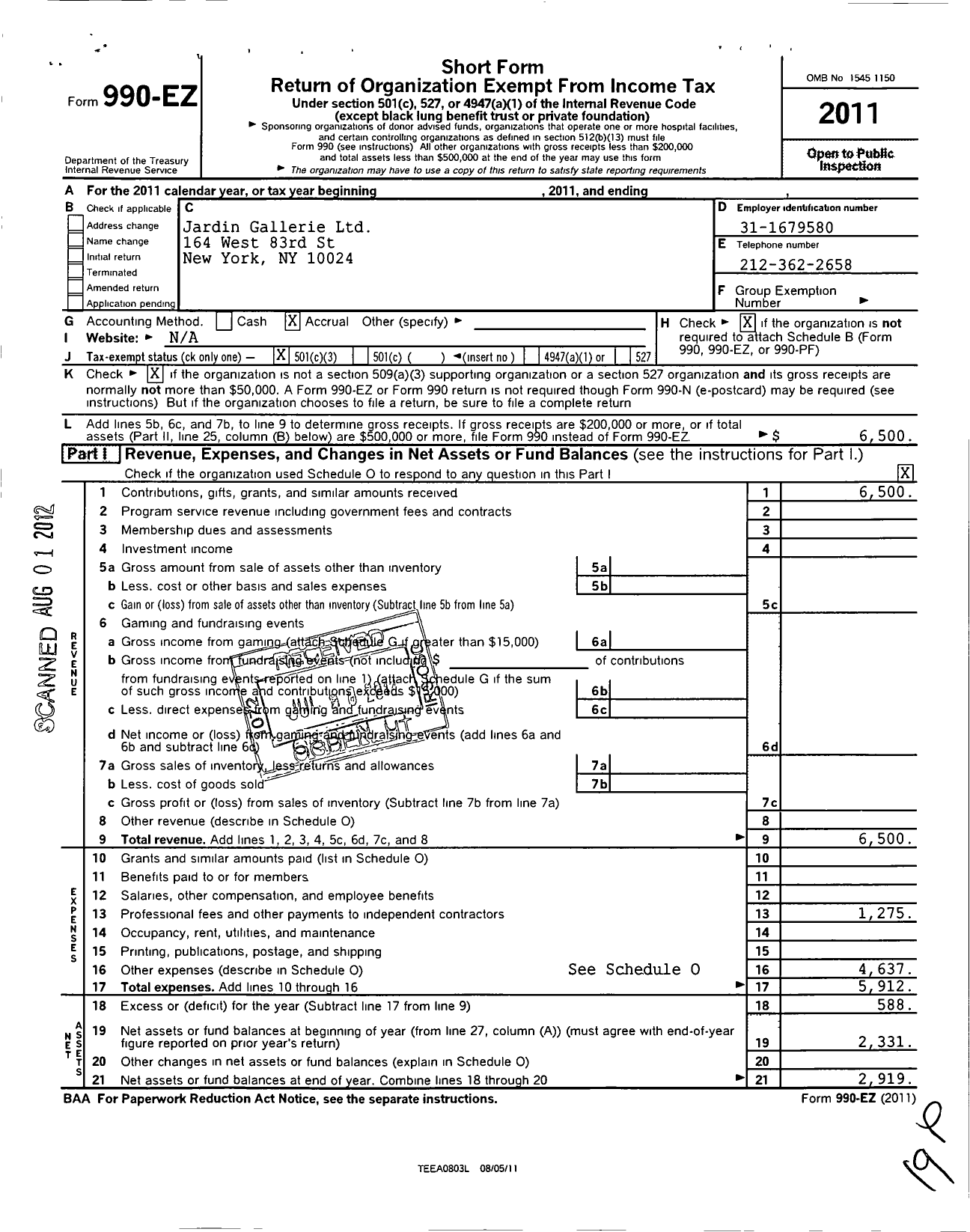 Image of first page of 2011 Form 990EZ for Jardin Gallerie