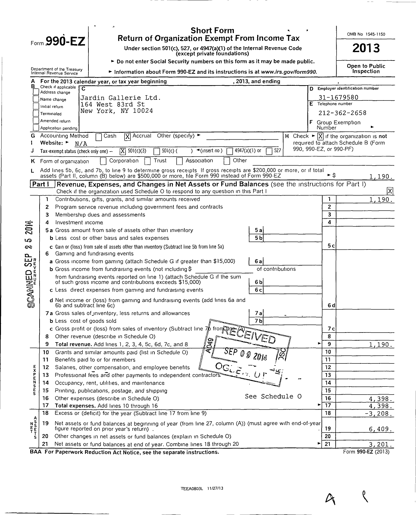 Image of first page of 2013 Form 990EZ for Jardin Gallerie