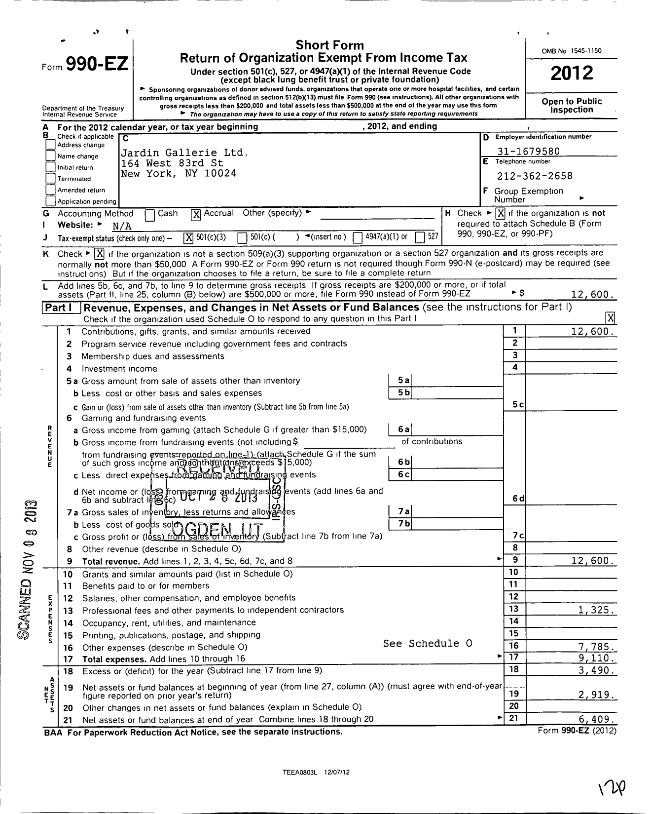 Image of first page of 2012 Form 990EZ for Jardin Gallerie