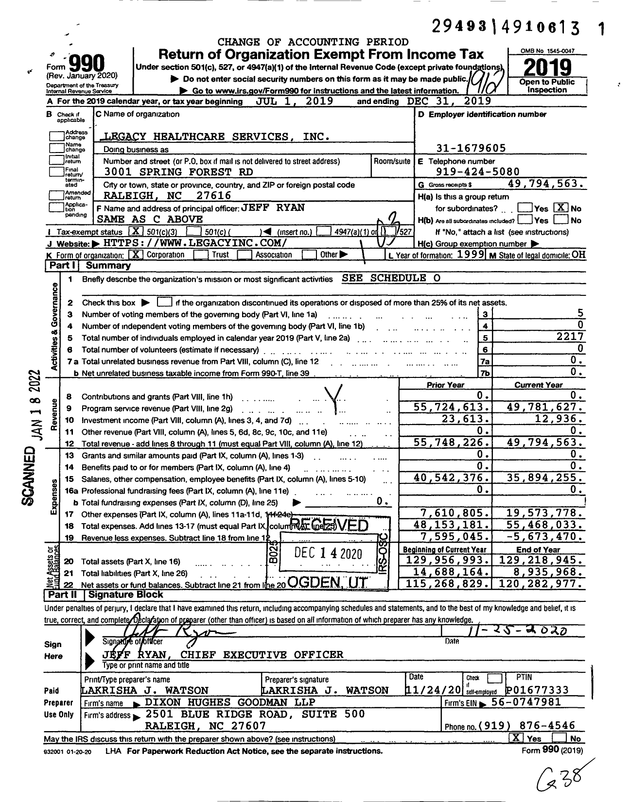 Image of first page of 2019 Form 990 for Legacy Healthcare Services