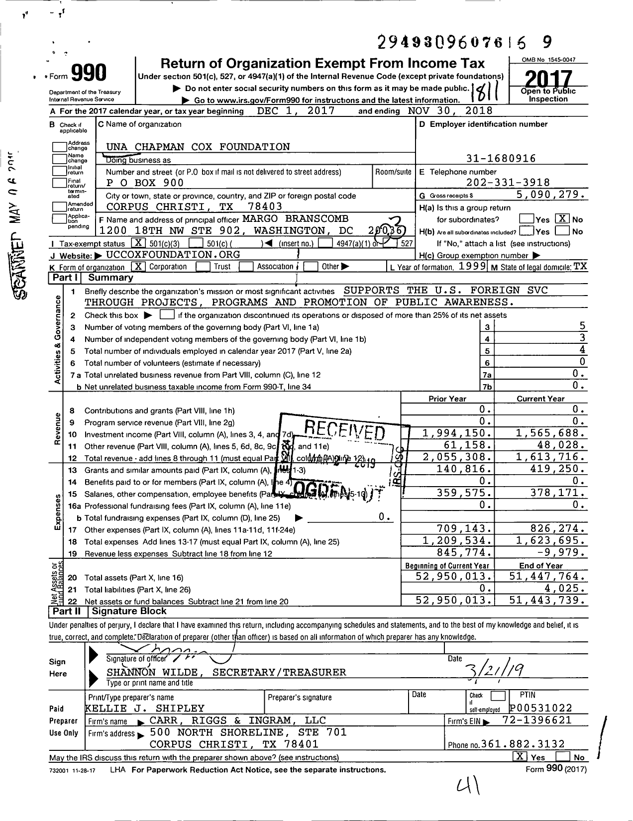 Image of first page of 2017 Form 990 for Una Chapman Cox Foundation