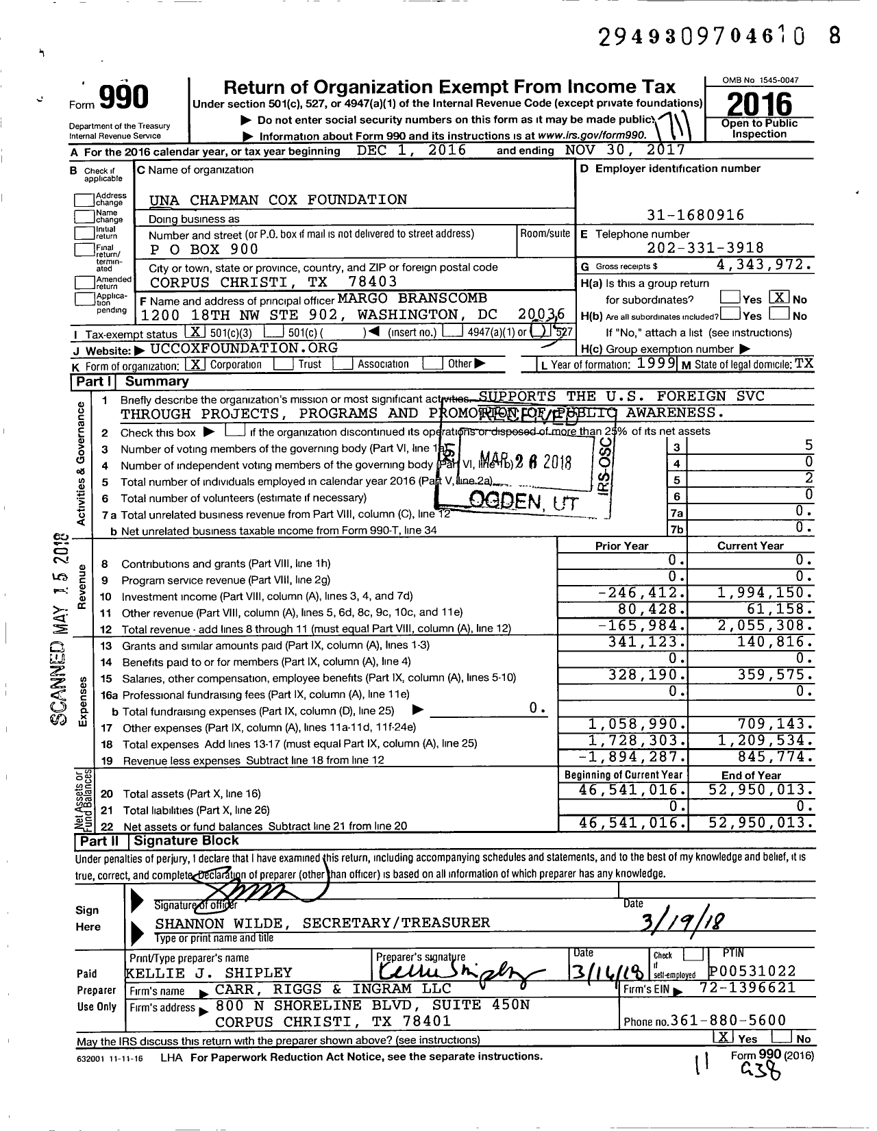 Image of first page of 2016 Form 990 for Una Chapman Cox Foundation