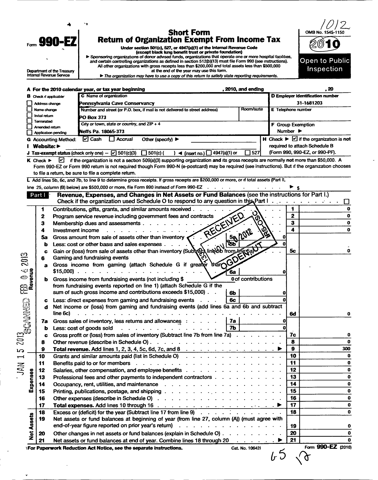 Image of first page of 2010 Form 990EZ for Pennsylvania Cave Conservancy