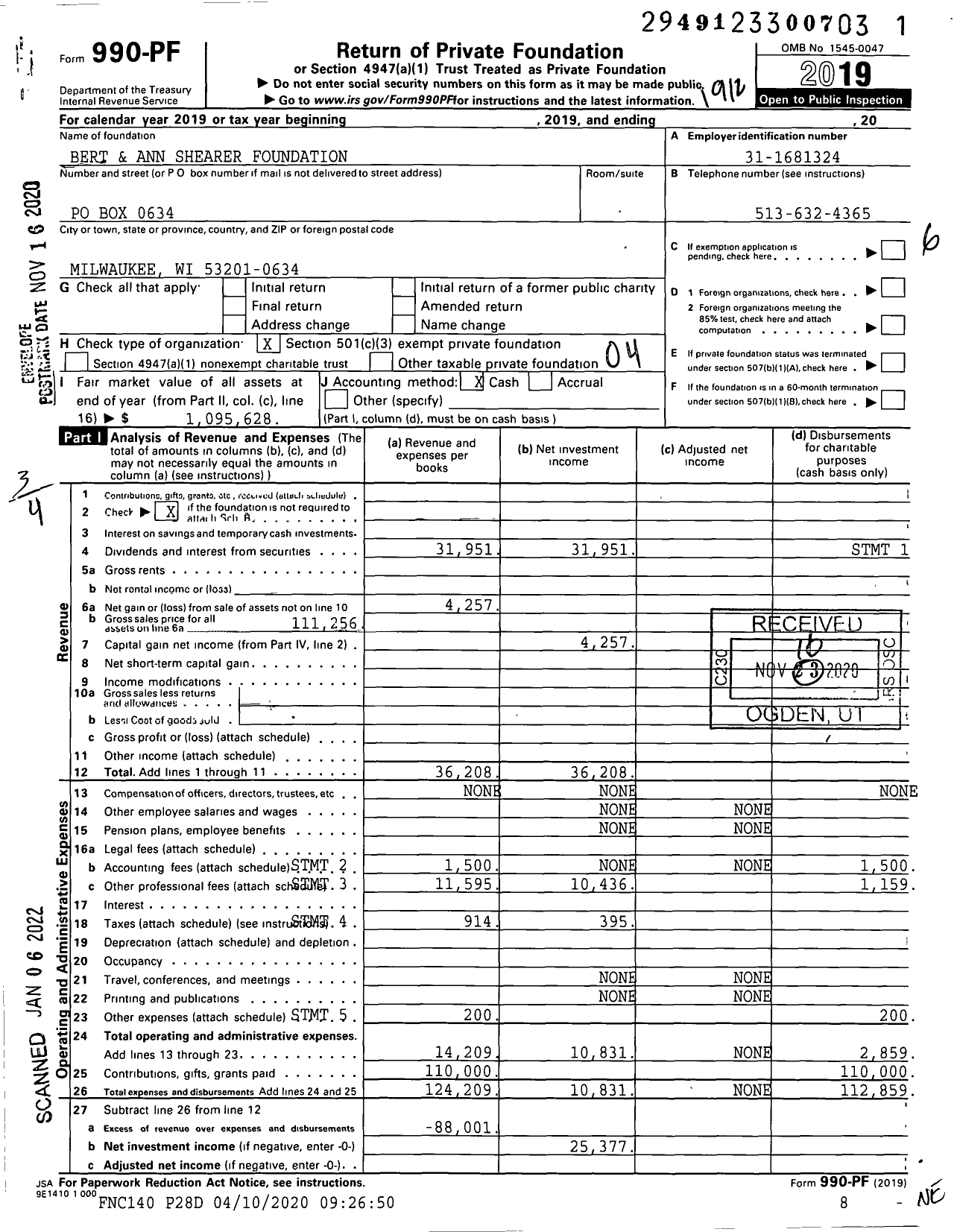 Image of first page of 2019 Form 990PF for Bert and Ann Shearer Foundation