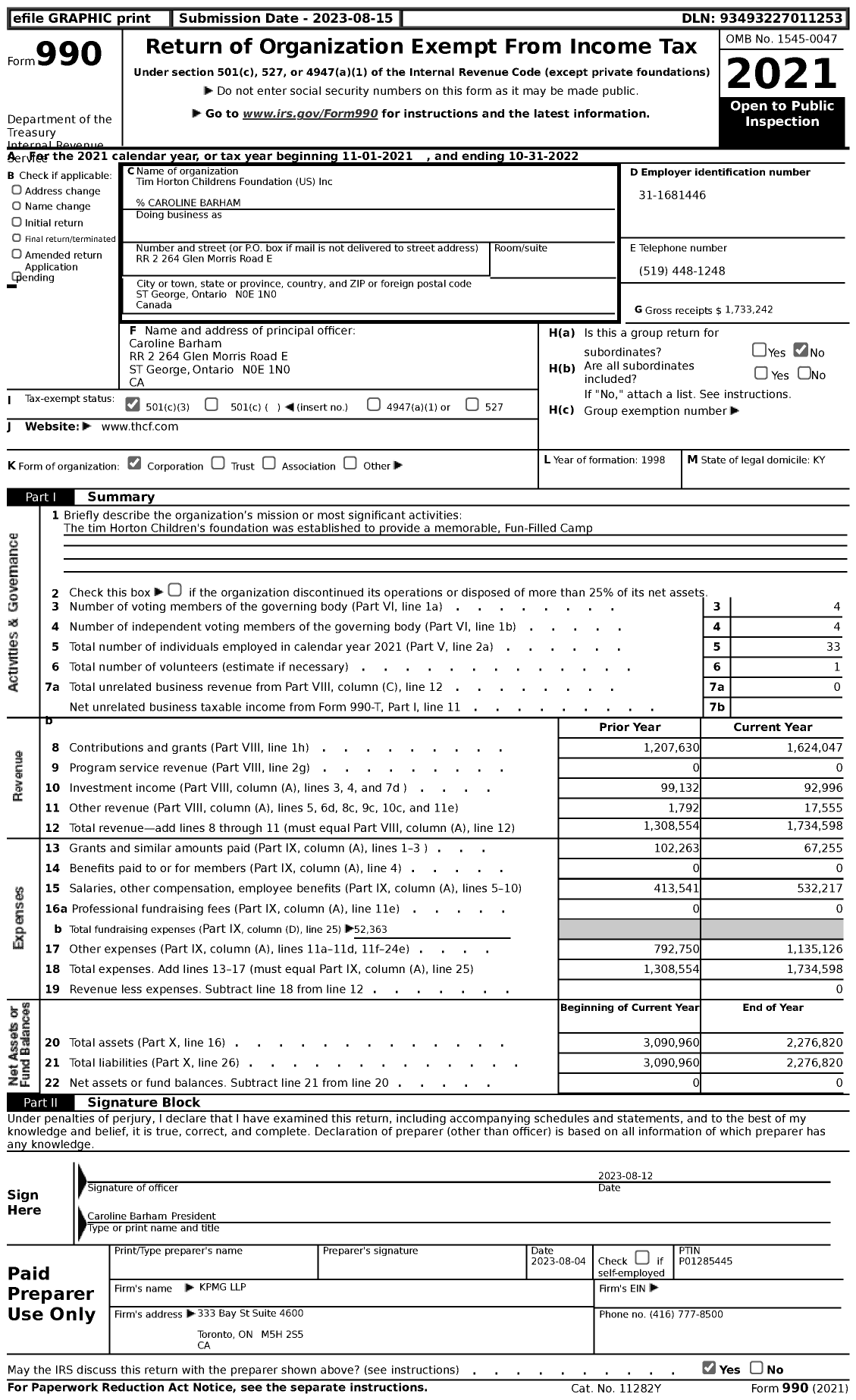 Image of first page of 2021 Form 990 for Tim Horton Childrens Foundation