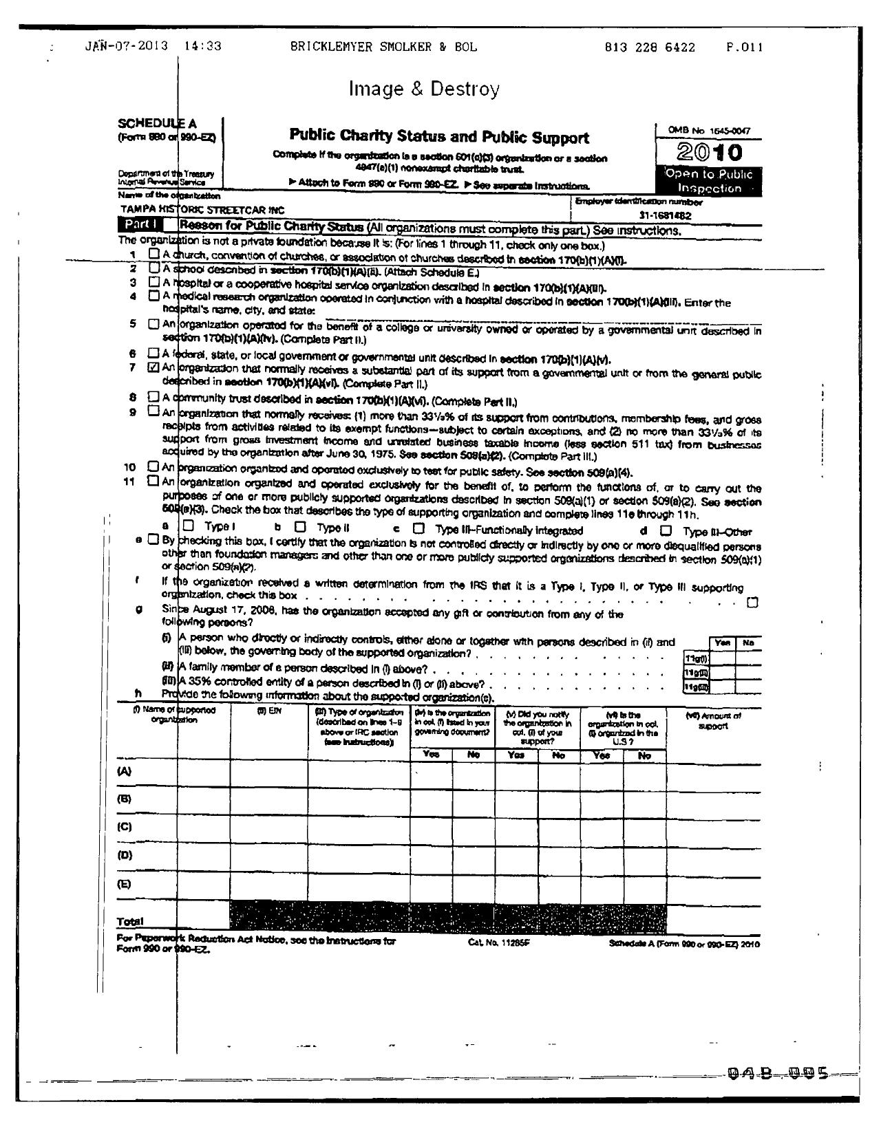 Image of first page of 2010 Form 990R for Tampa Historic Streetcar