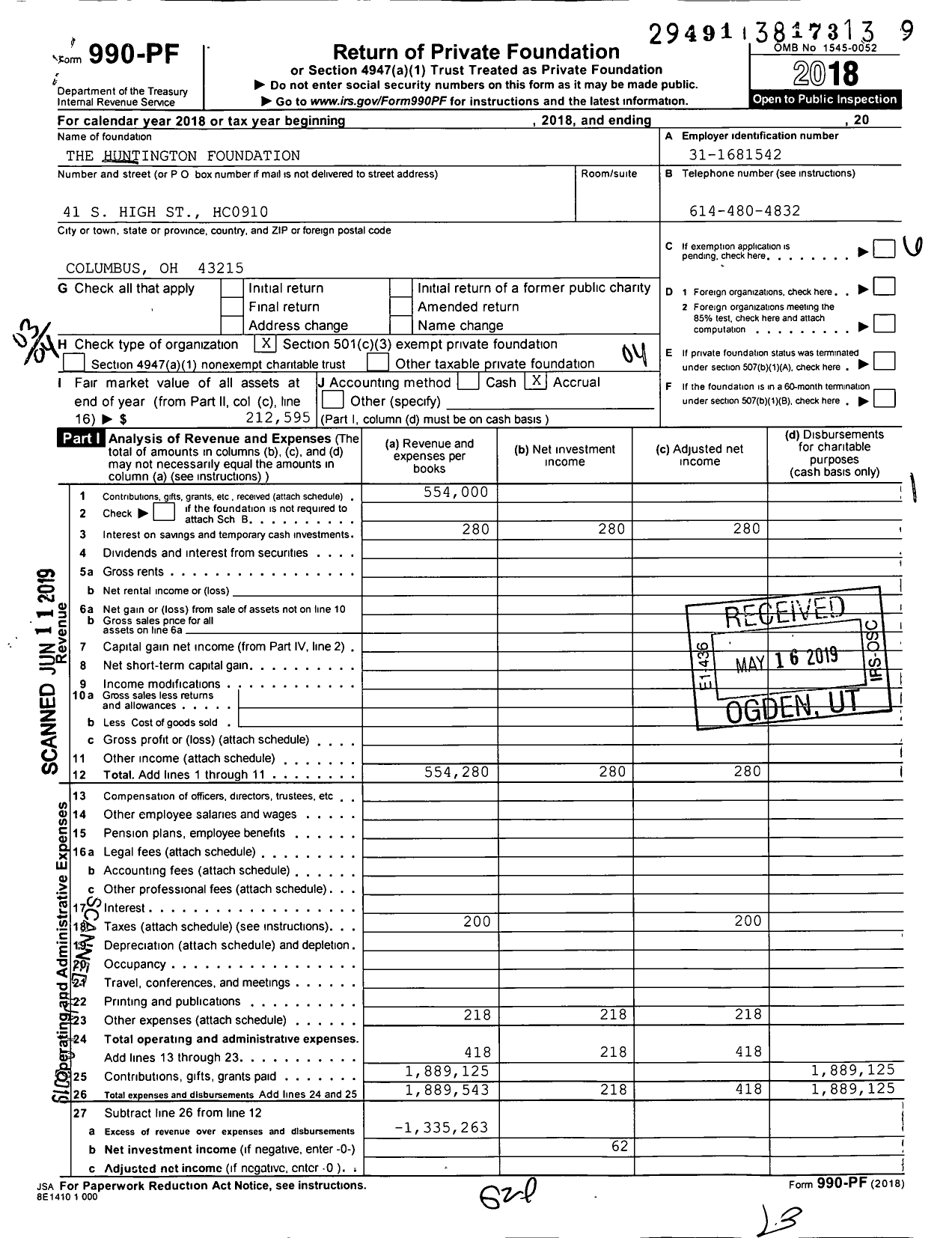 Image of first page of 2018 Form 990PF for The Huntington Foundation