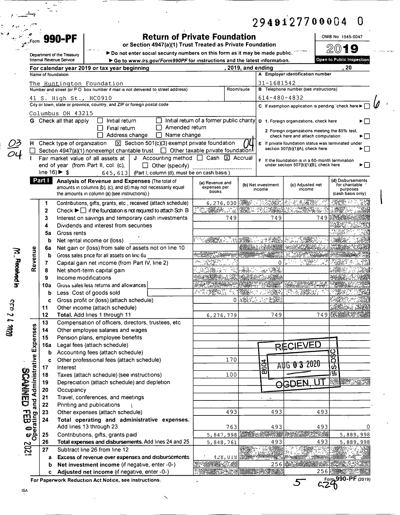Image of first page of 2019 Form 990PF for The Huntington Foundation