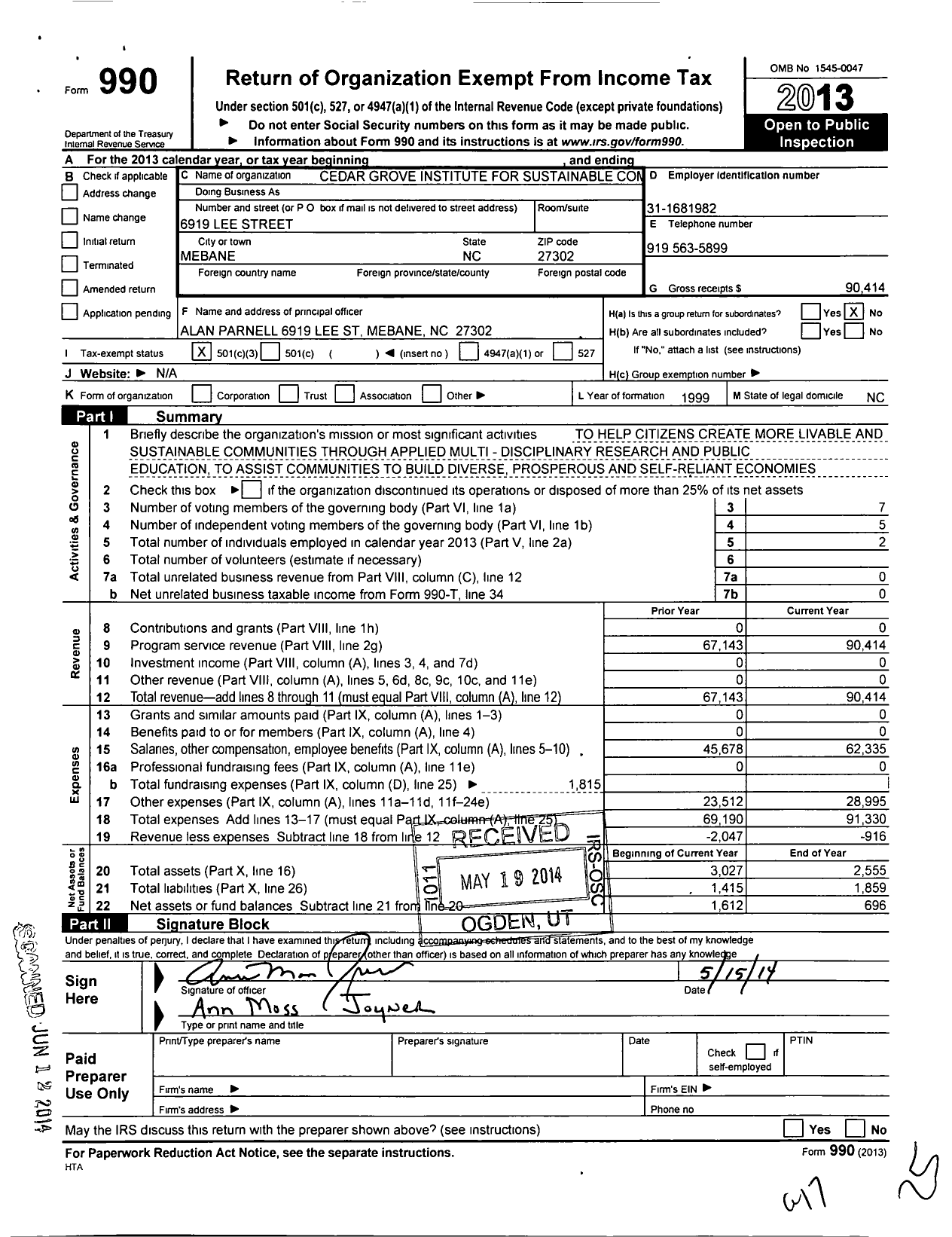 Image of first page of 2013 Form 990 for Cedar Grove Institute for Sustainable Commun