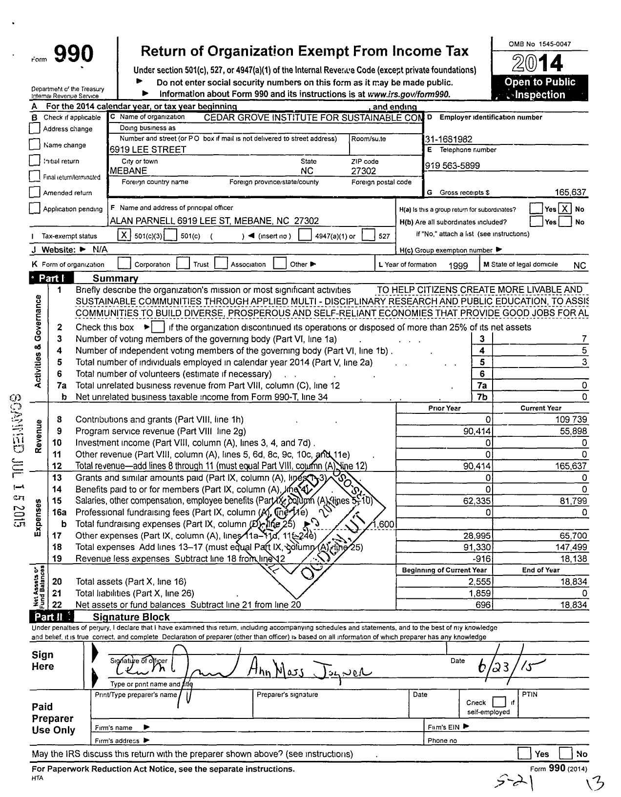 Image of first page of 2014 Form 990 for Cedar Grove Institute for Sustainable Commun