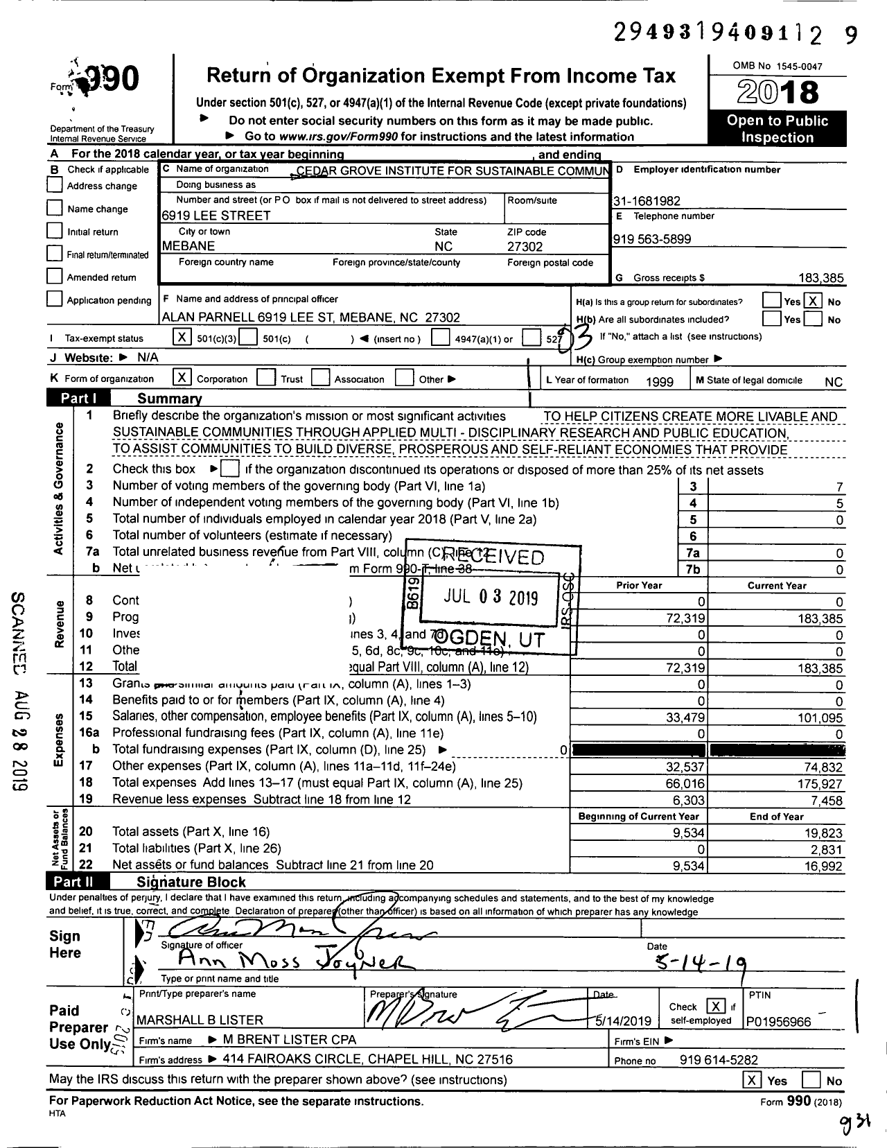 Image of first page of 2018 Form 990 for Cedar Grove Institute for Sustainable Commun