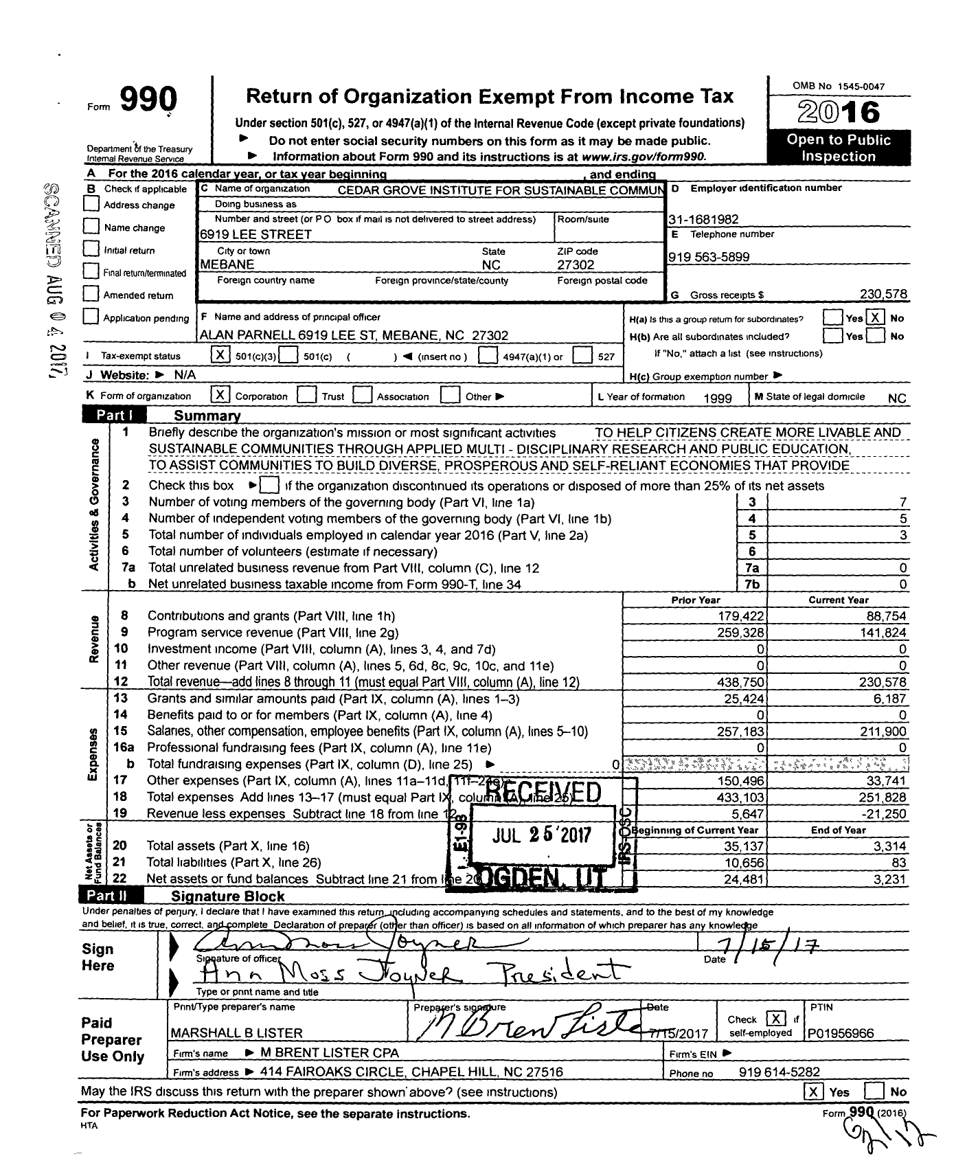 Image of first page of 2016 Form 990 for Cedar Grove Institute for Sustainable Commun