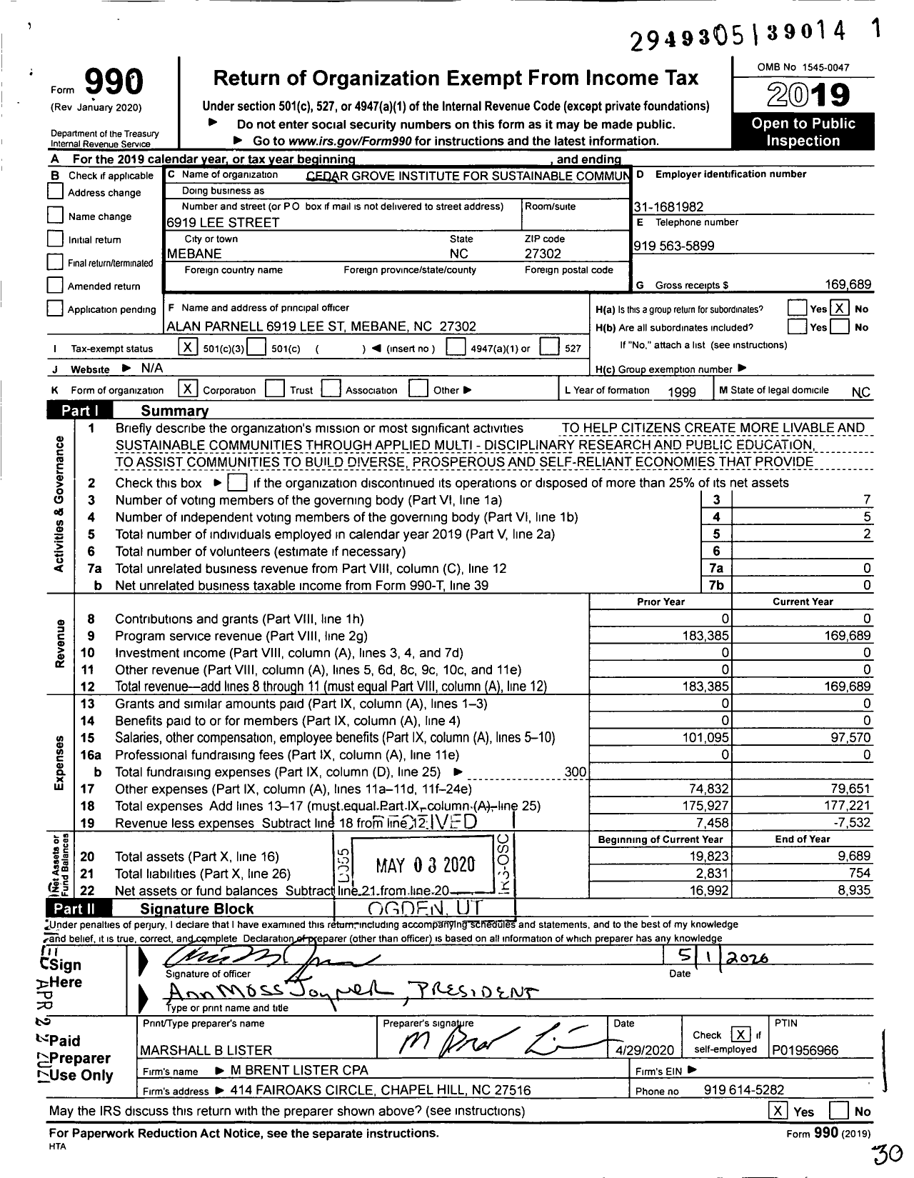 Image of first page of 2019 Form 990 for Cedar Grove Institute for Sustainable Commun