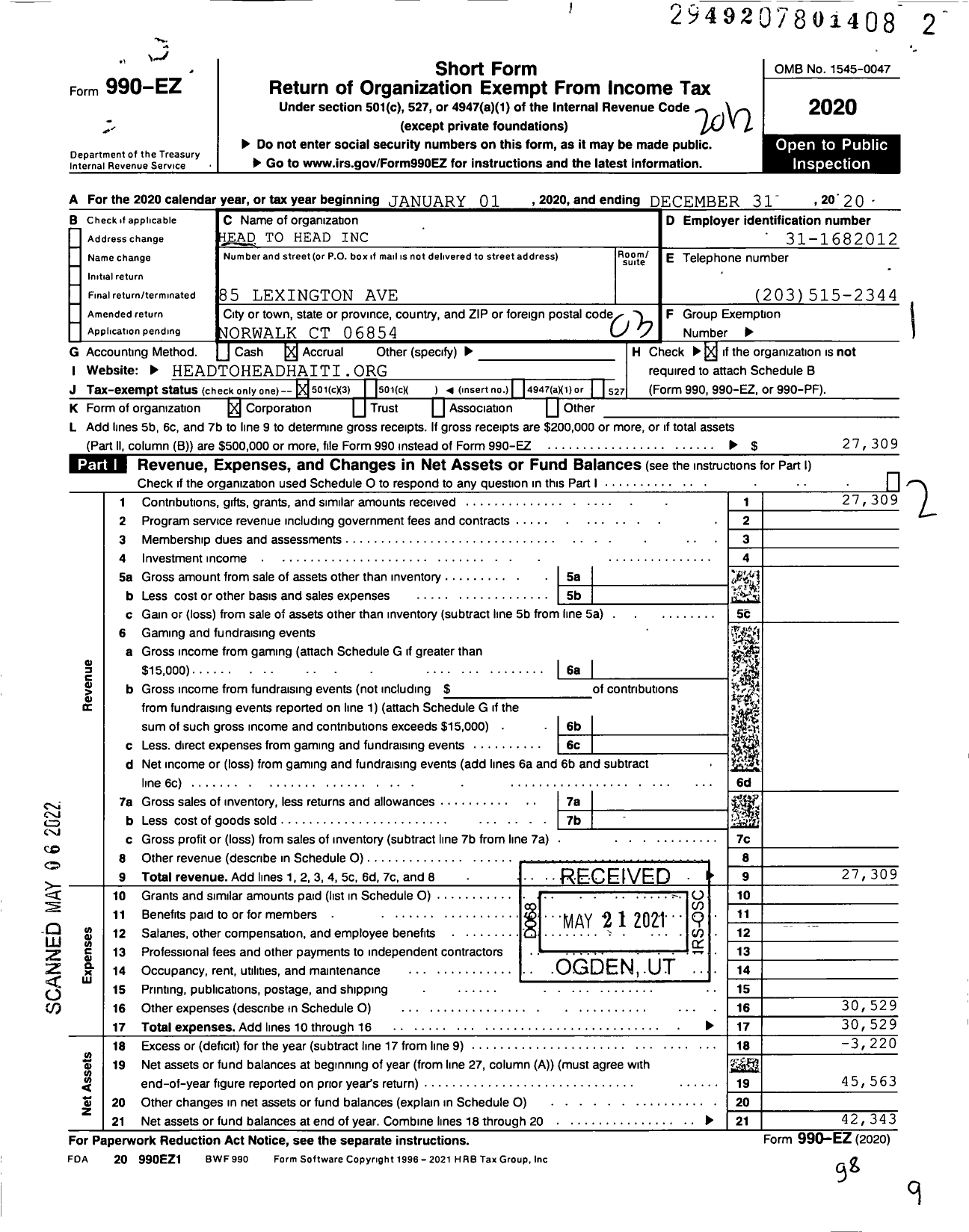 Image of first page of 2020 Form 990EZ for Head To Head