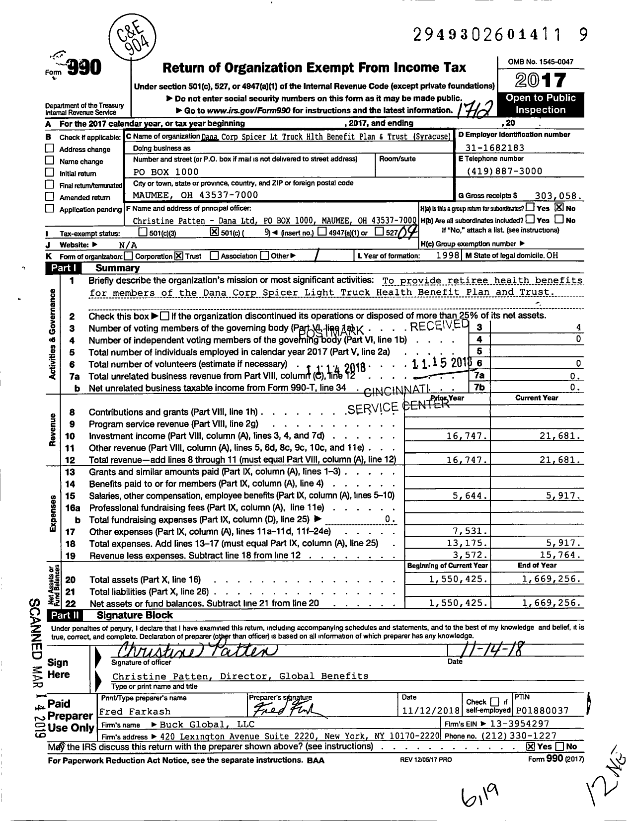 Image of first page of 2017 Form 990O for Dana Corp Spicer LT Truck Health Benefit Plan and Trust Syracuse