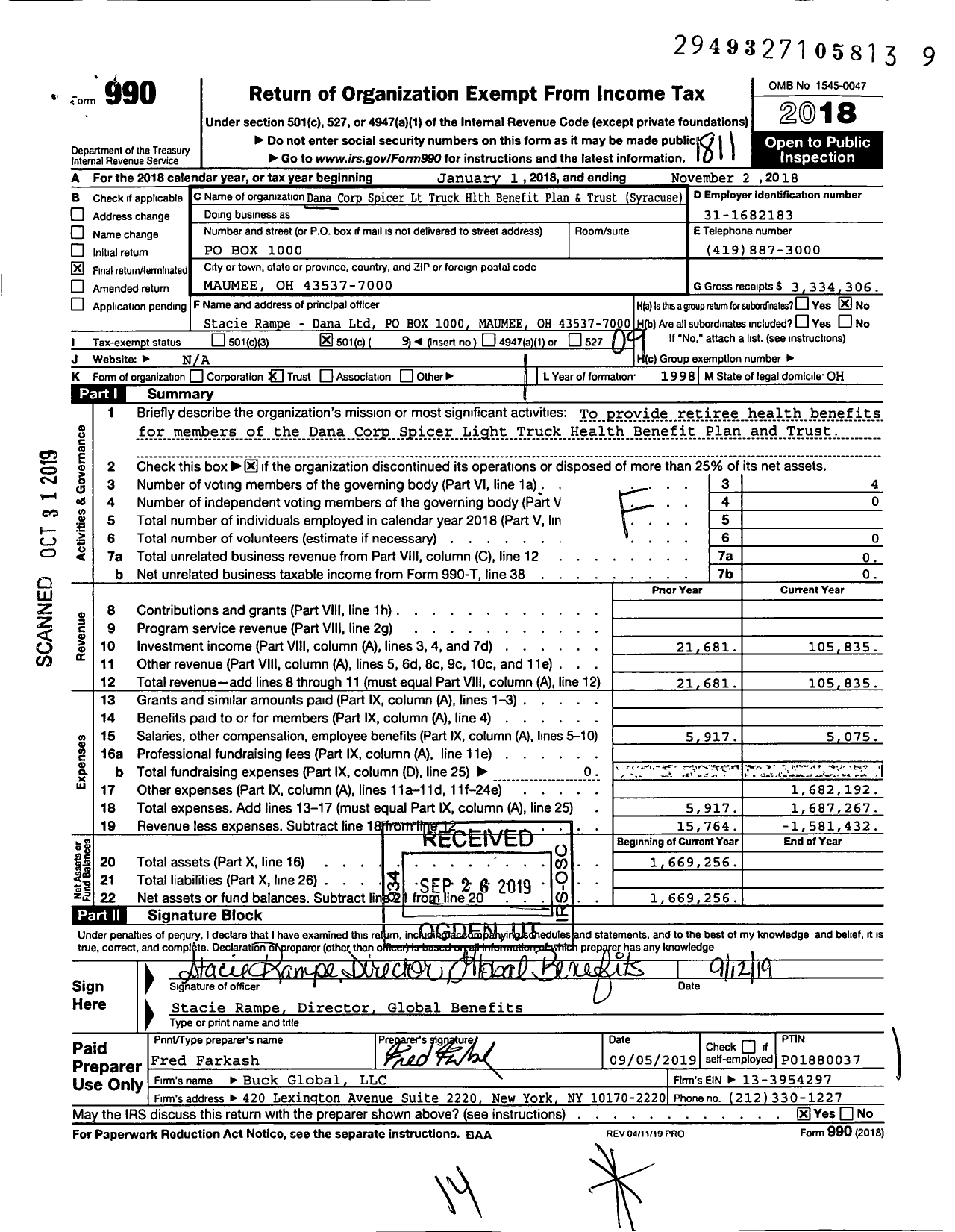 Image of first page of 2017 Form 990O for Dana Corp Spicer LT Truck Health Benefit Plan and Trust Syracuse