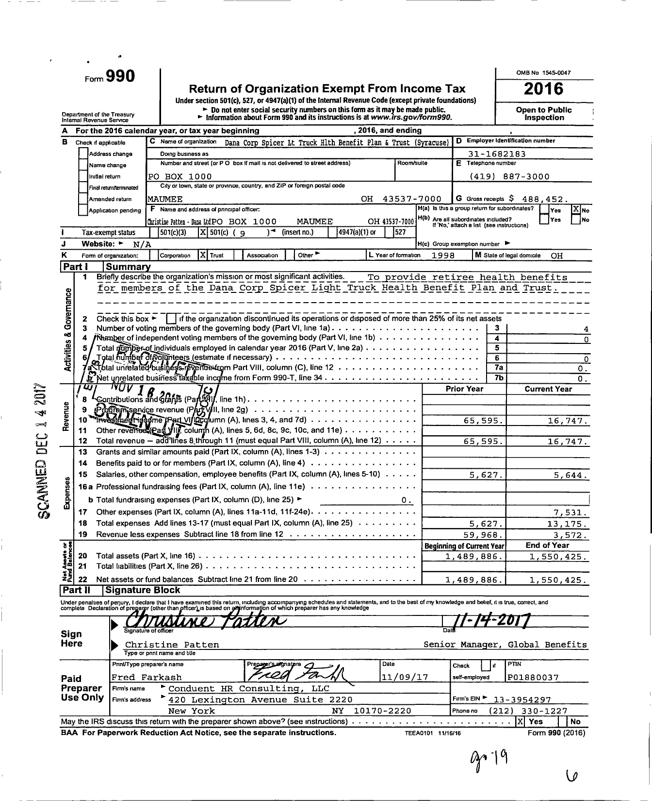 Image of first page of 2016 Form 990O for Dana Corp Spicer LT Truck Health Benefit Plan and Trust Syracuse