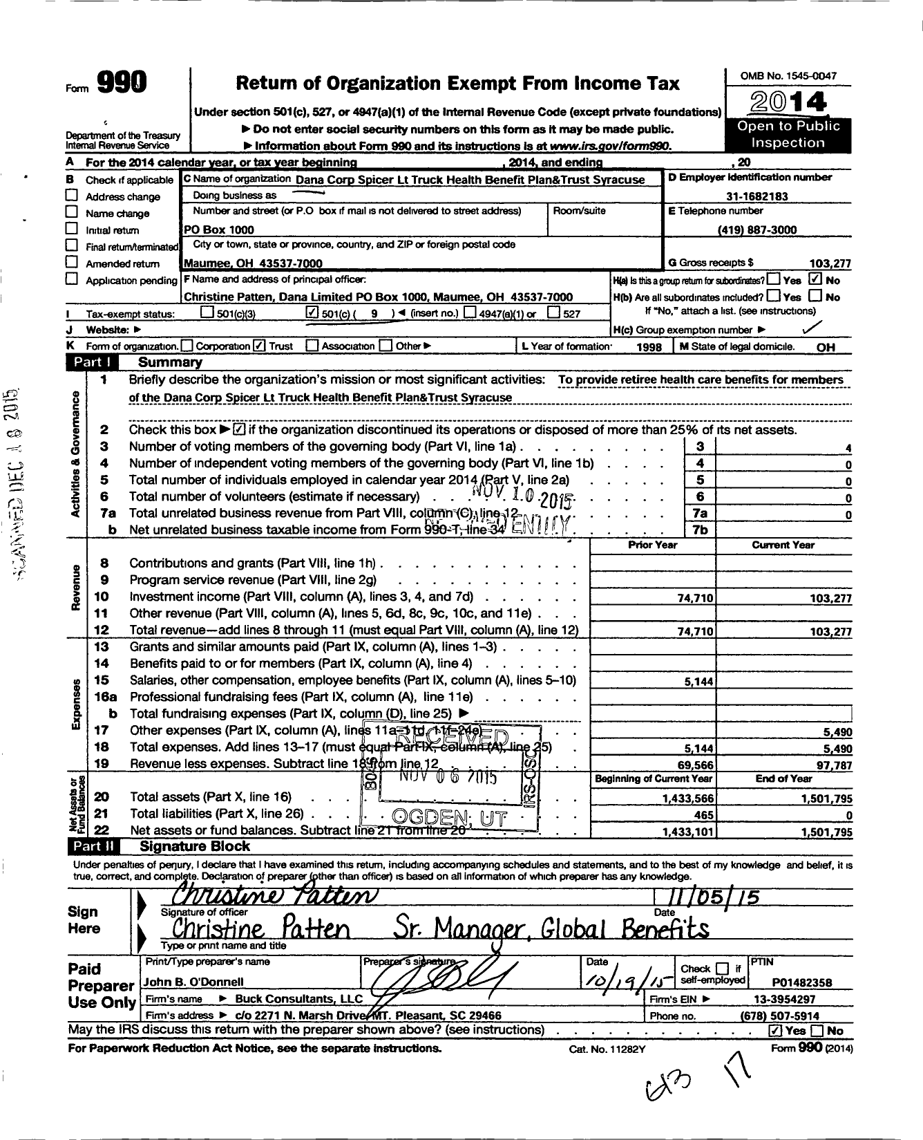 Image of first page of 2014 Form 990O for Dana Corp Spicer LT Truck Health Benefit Plan and Trust Syracuse