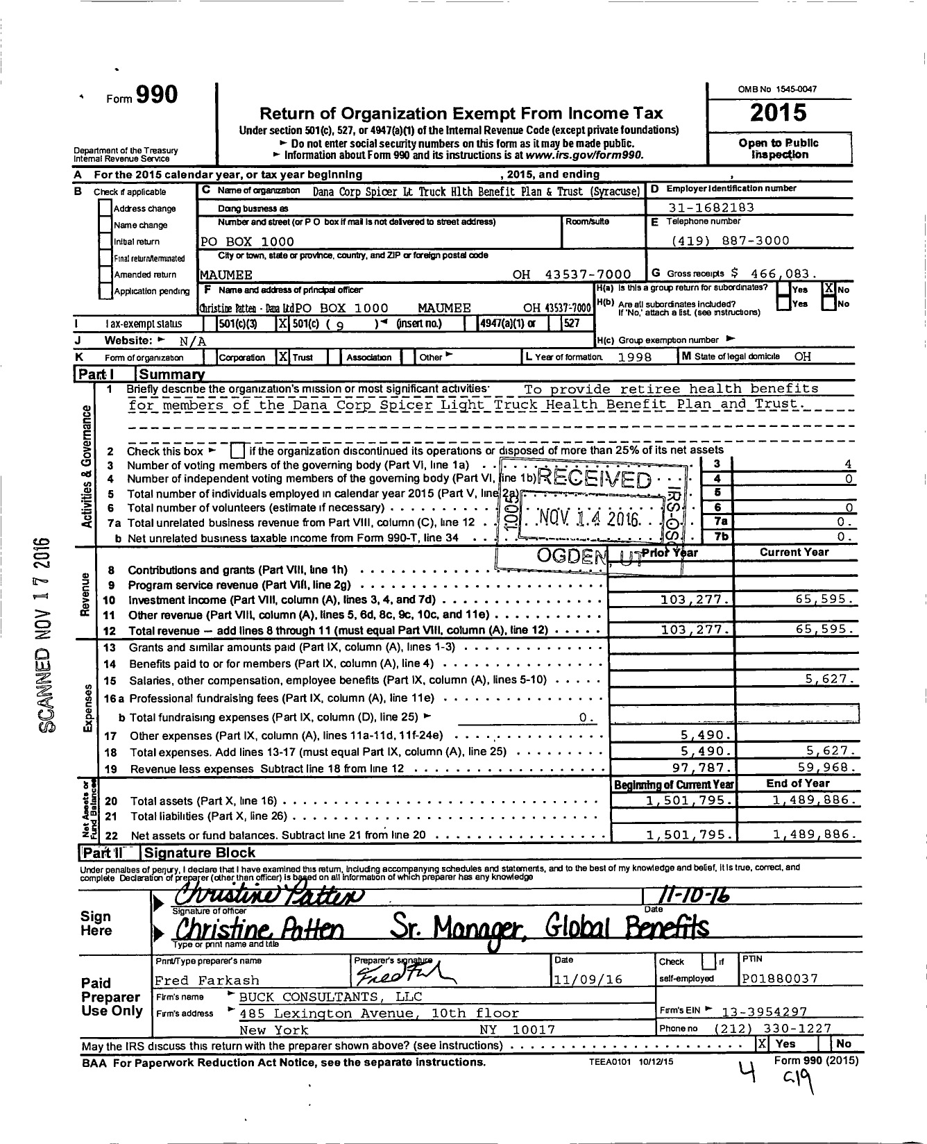 Image of first page of 2015 Form 990O for Dana Corp Spicer LT Truck Health Benefit Plan and Trust Syracuse