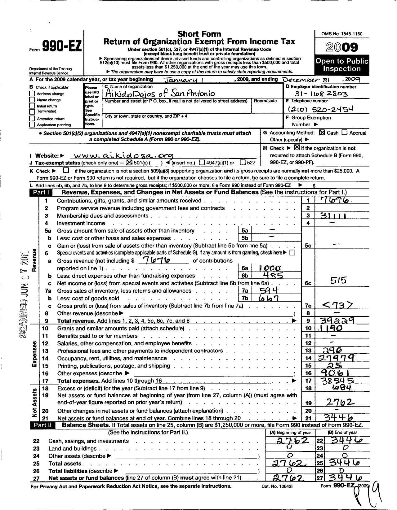 Image of first page of 2009 Form 990EO for Aikido Dojos of San Antonio