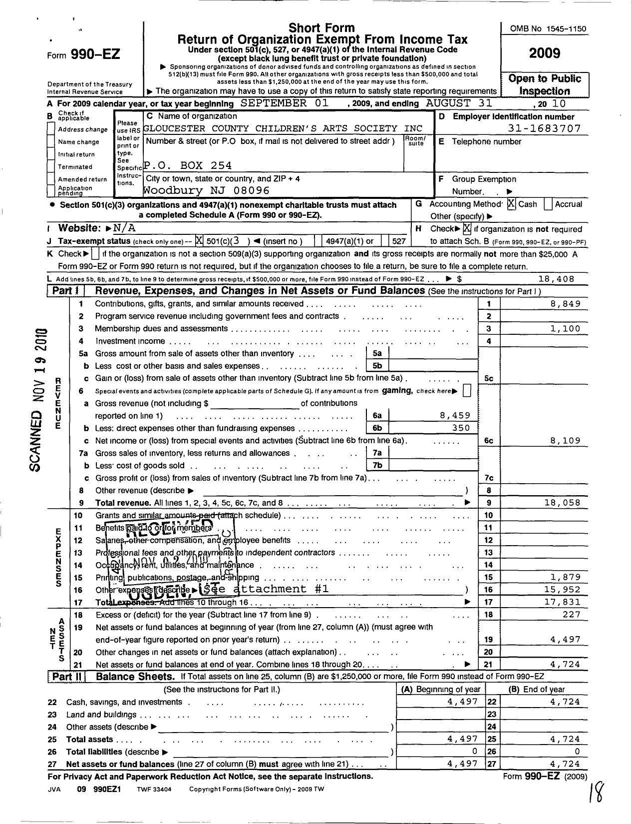 Image of first page of 2009 Form 990EZ for Gloucester County Childrens Art Society