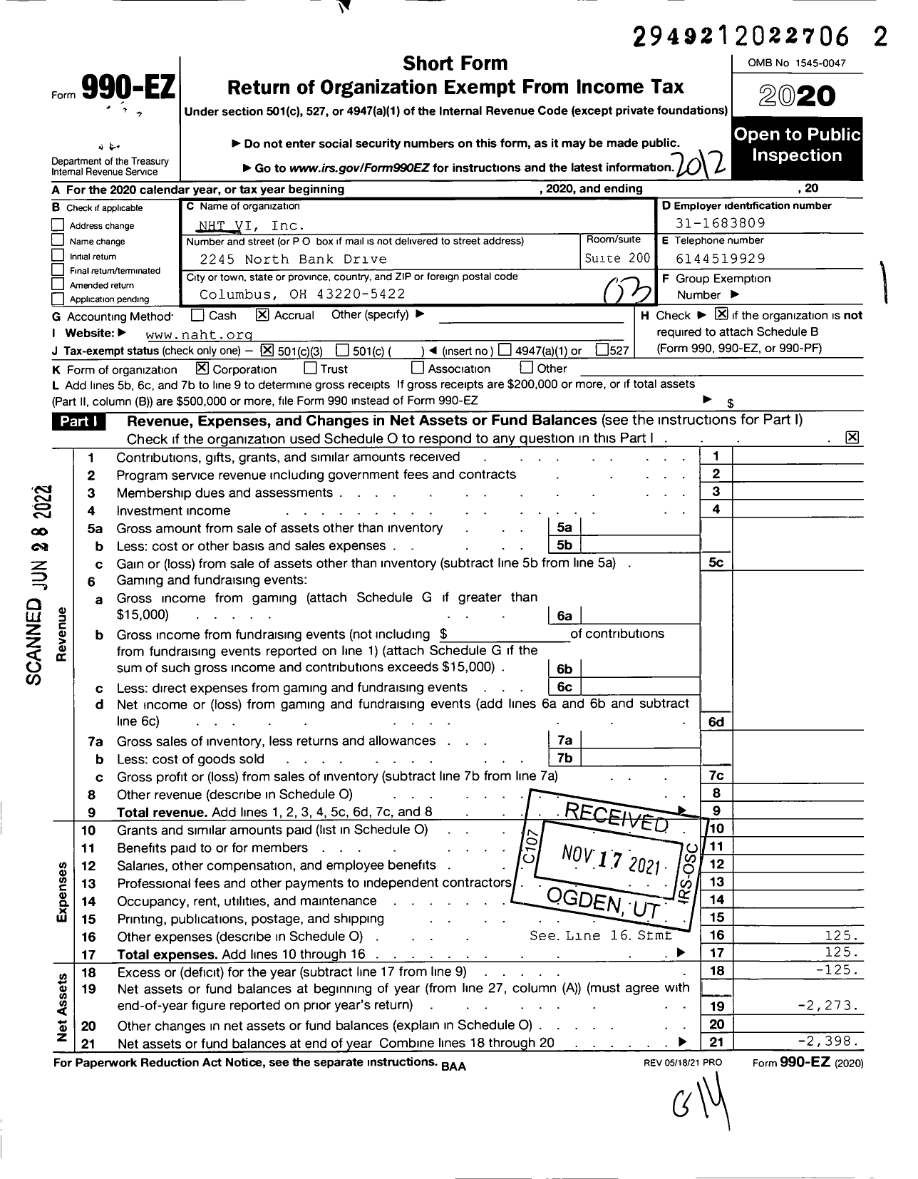 Image of first page of 2020 Form 990EZ for NHT Vi