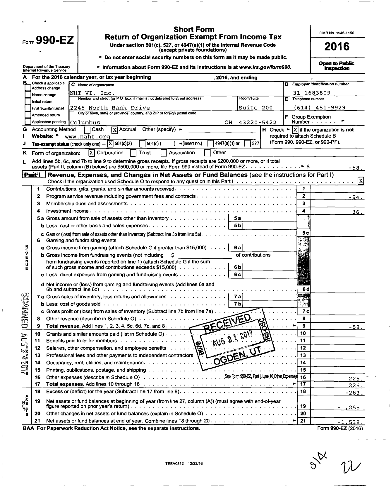 Image of first page of 2016 Form 990EZ for NHT Vi