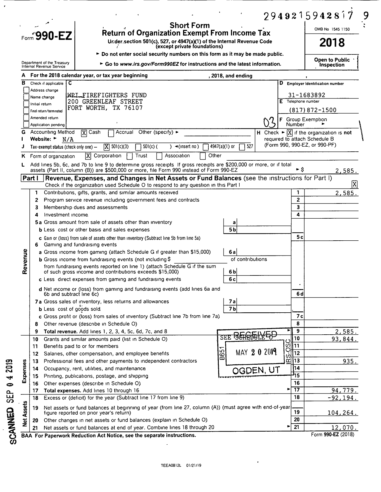 Image of first page of 2018 Form 990EZ for WPI Firefighters Fund