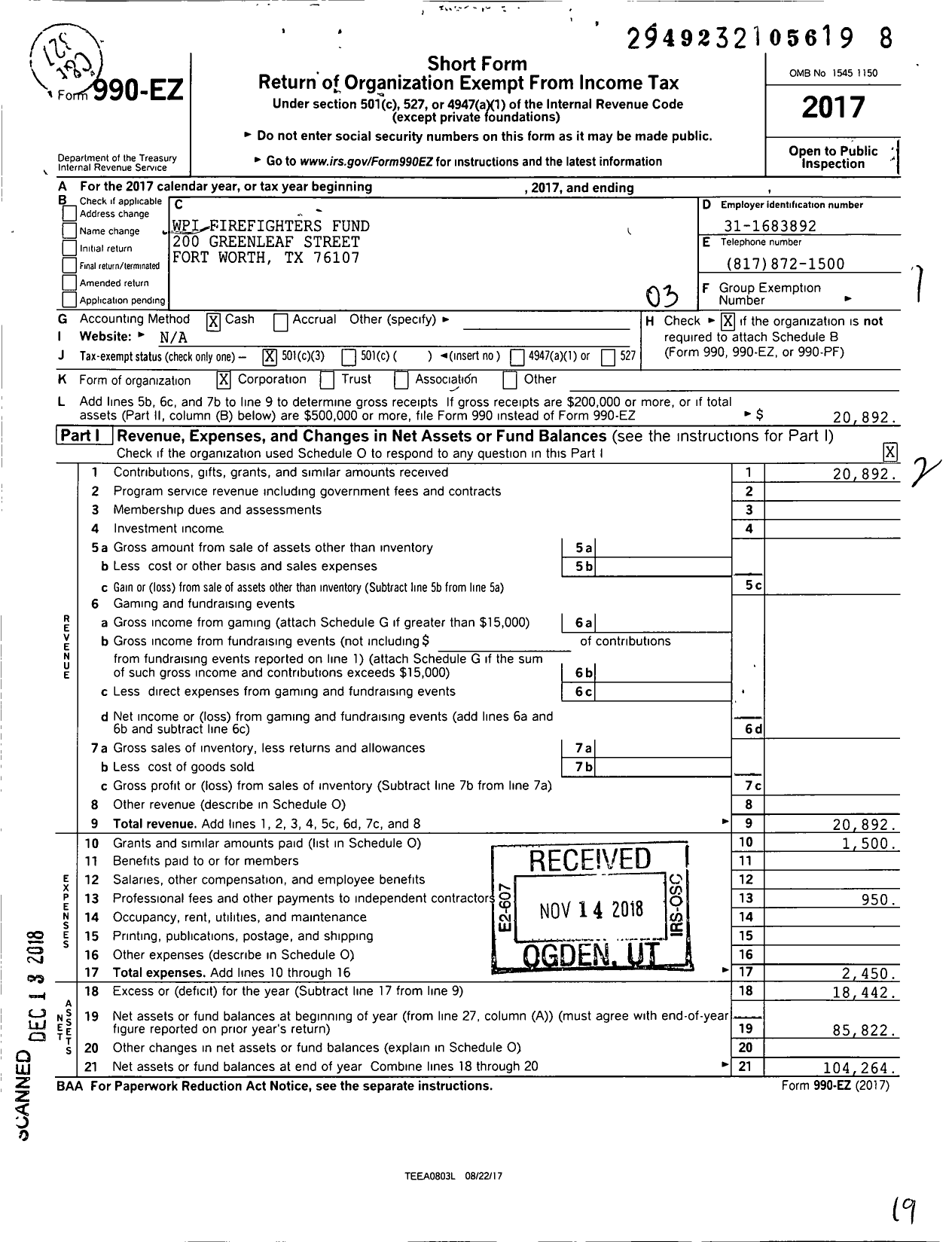 Image of first page of 2017 Form 990EZ for WPI Firefighters Fund